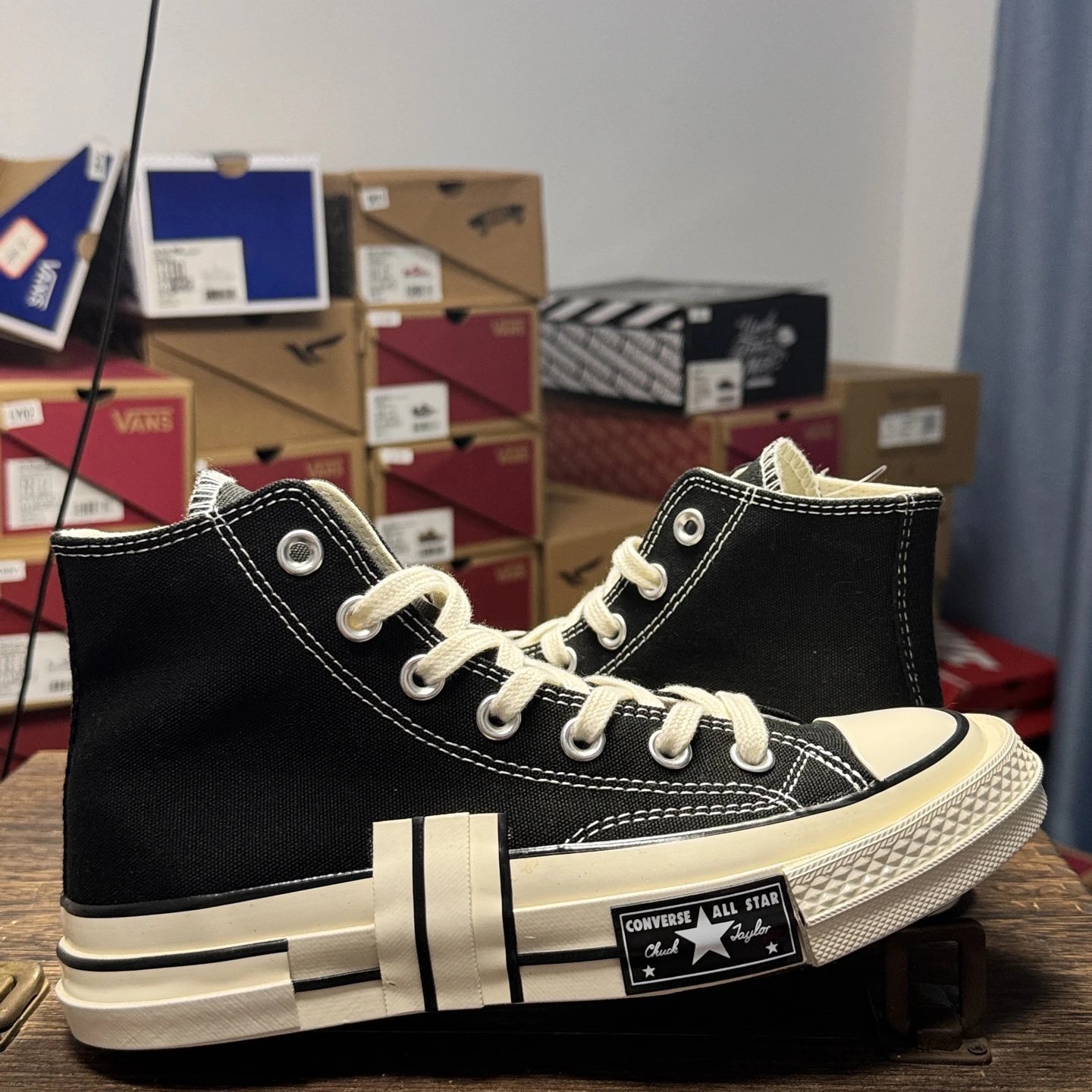 High Top Canvas Sneakers Vintage Black Ivory - Gallery Image 2 - Detailed View