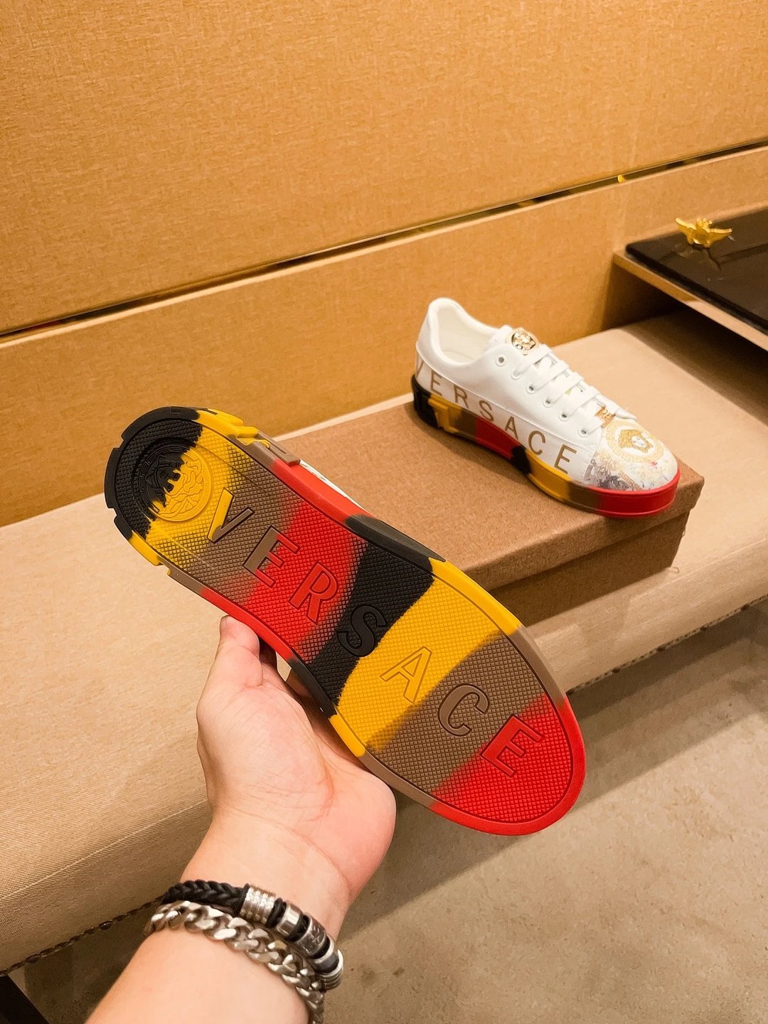 Luxury Leather Sneakers Multi-Tone Red Gold - Gallery Image 8 - Detailed View