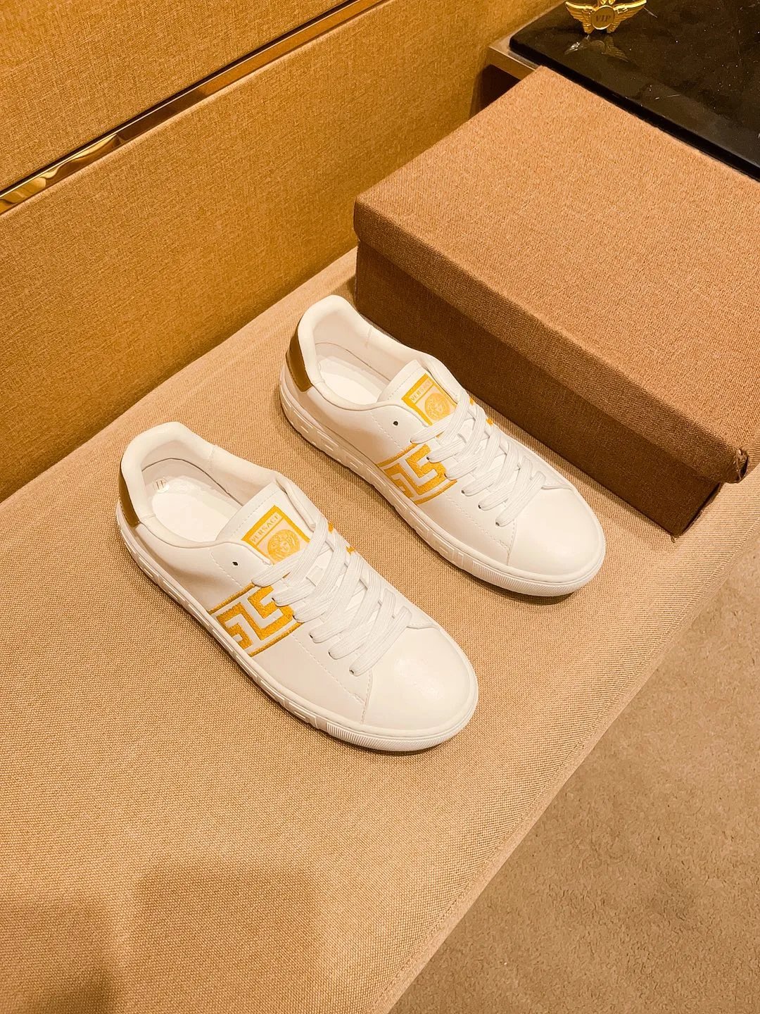 Luxury Leather Sneakers Greek Pattern White Gold - Gallery Image 5 - Detailed View