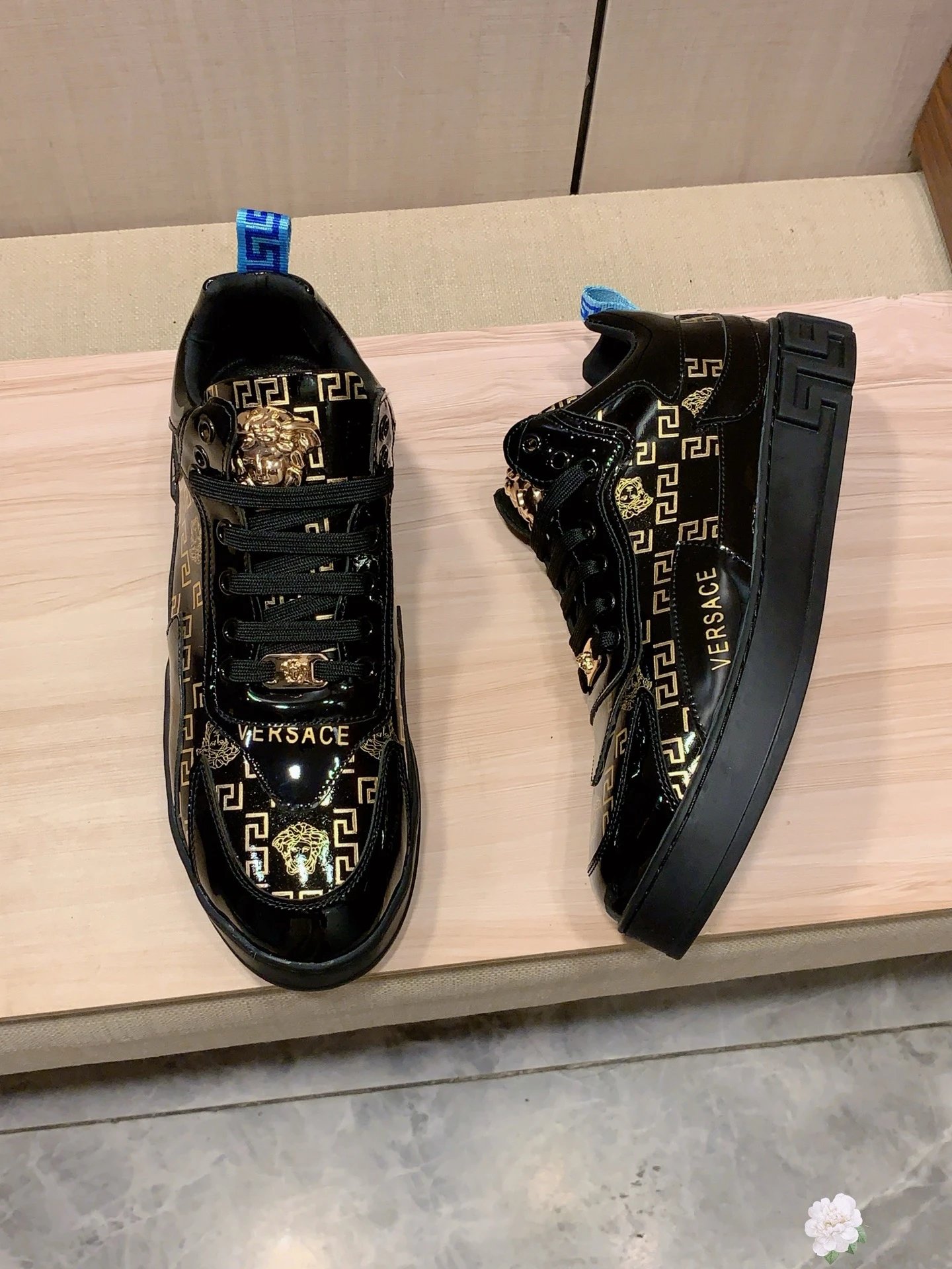 Luxury Leather Sneakers Greek Key Black Gold - Gallery Image 4 - Detailed View