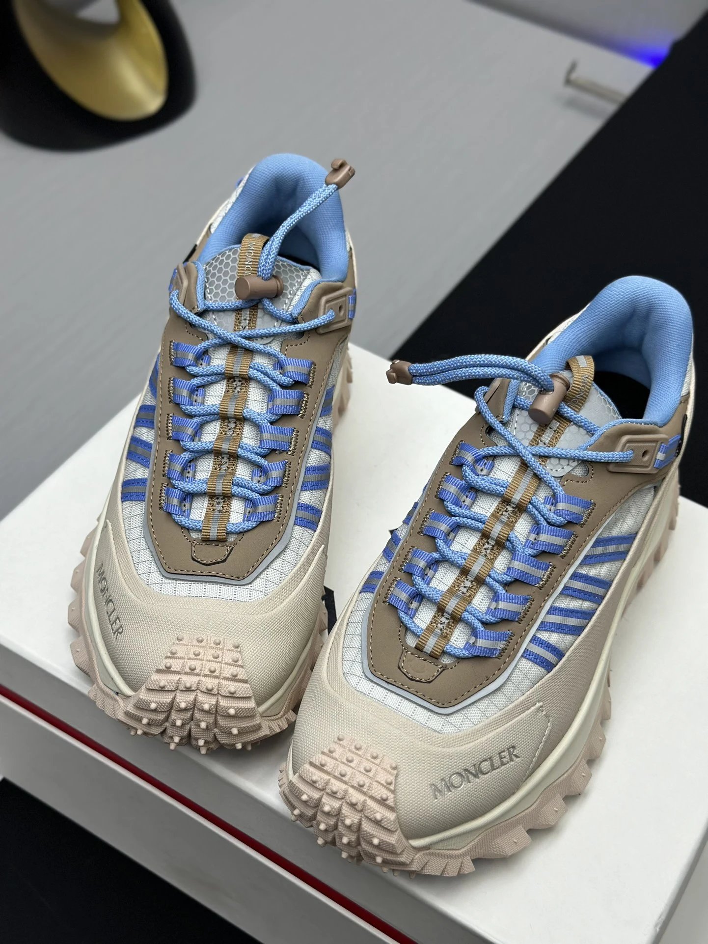 Moncler Trailgrip GTX Beige Sneakers Blue Stripes - Gallery Image 9 - Detailed View