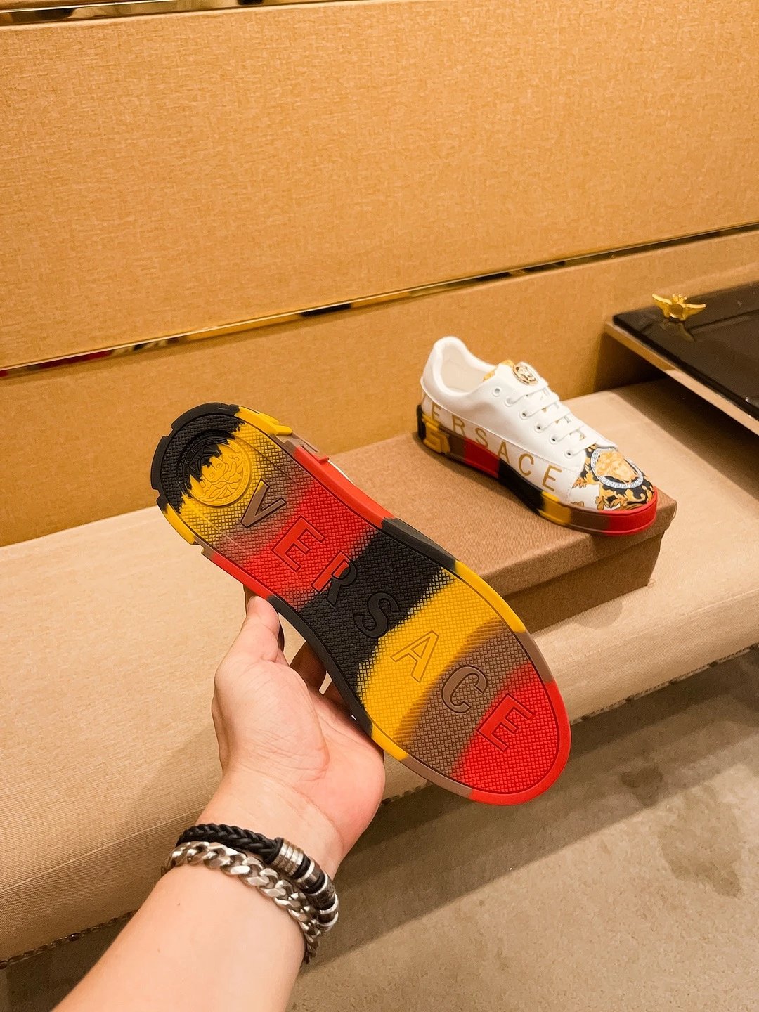 Luxury Leather Sneakers Baroque White Gold - Gallery Image 8 - Detailed View