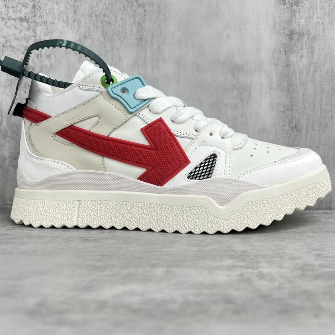 Retro Arrow Leather Mesh High Top Sneakers Ivory Red - Gallery Image 6 - Detailed View