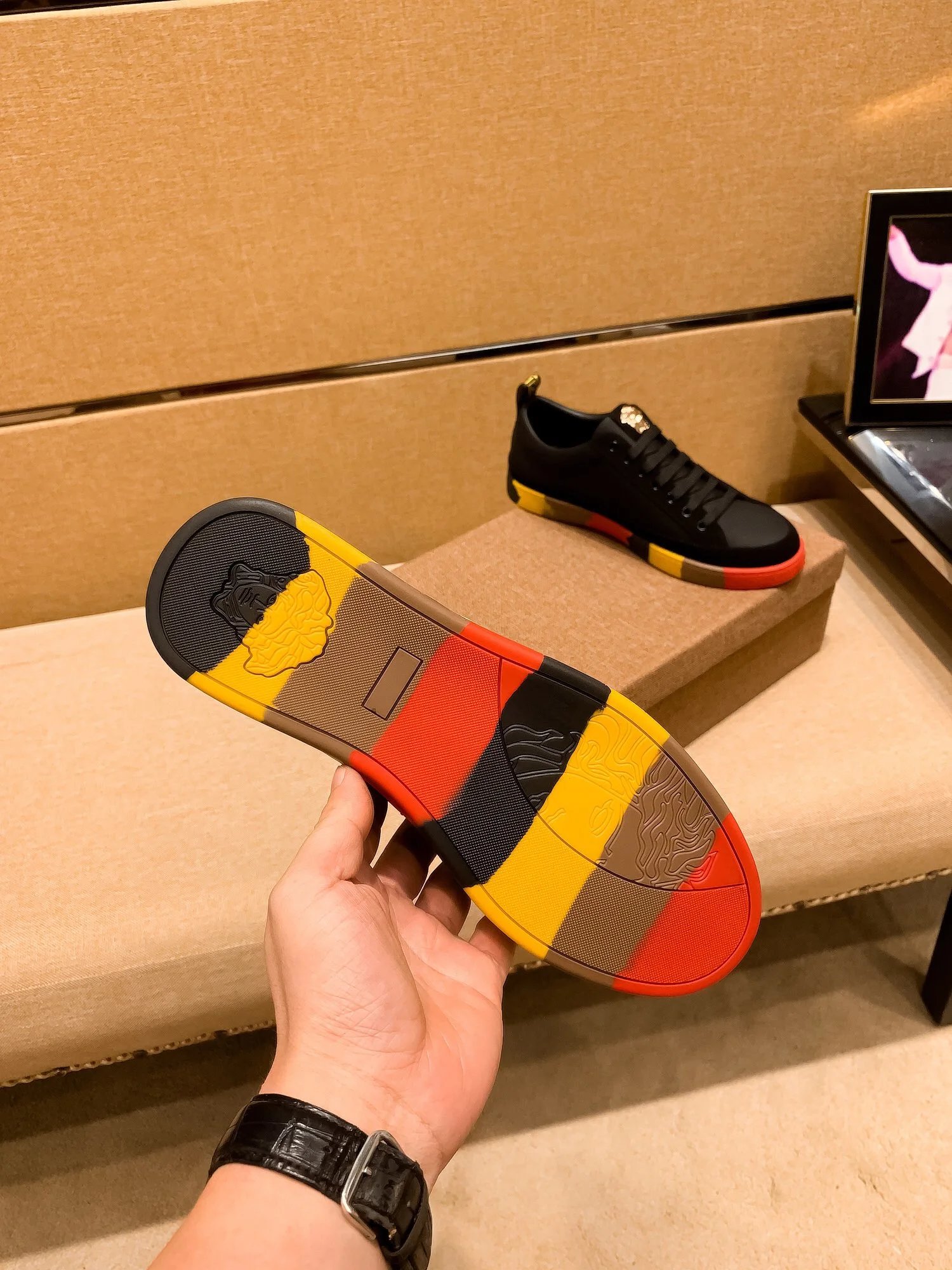 Luxury Leather Sneakers Colorblock Trim Ebony - Gallery Image 8 - Detailed View