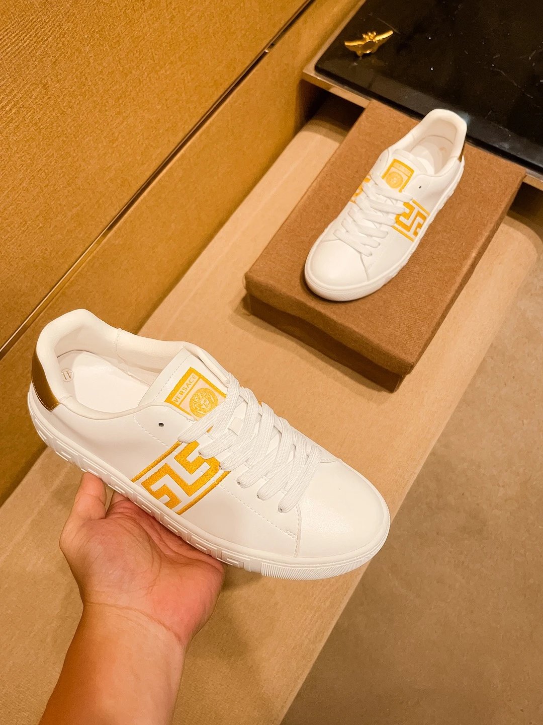 Luxury Leather Sneakers Greek Pattern White Gold - Gallery Image 4 - Detailed View