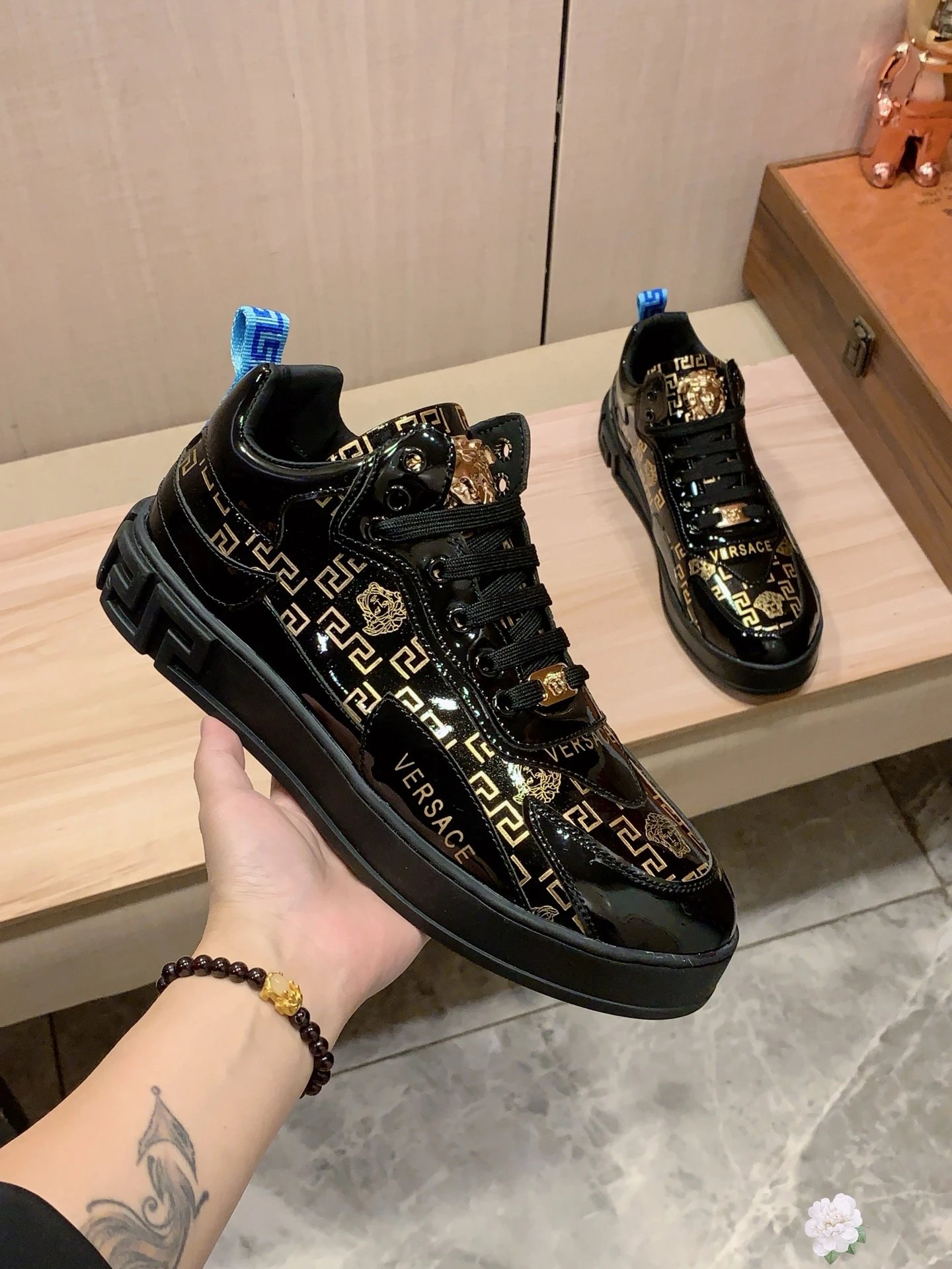 Luxury Leather Sneakers Greek Key Black Gold - Gallery Image 8 - Detailed View