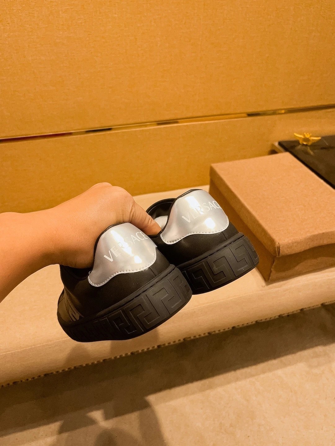 Luxury Leather Sneakers Greek Key Black Silver - Gallery Image 9 - Detailed View