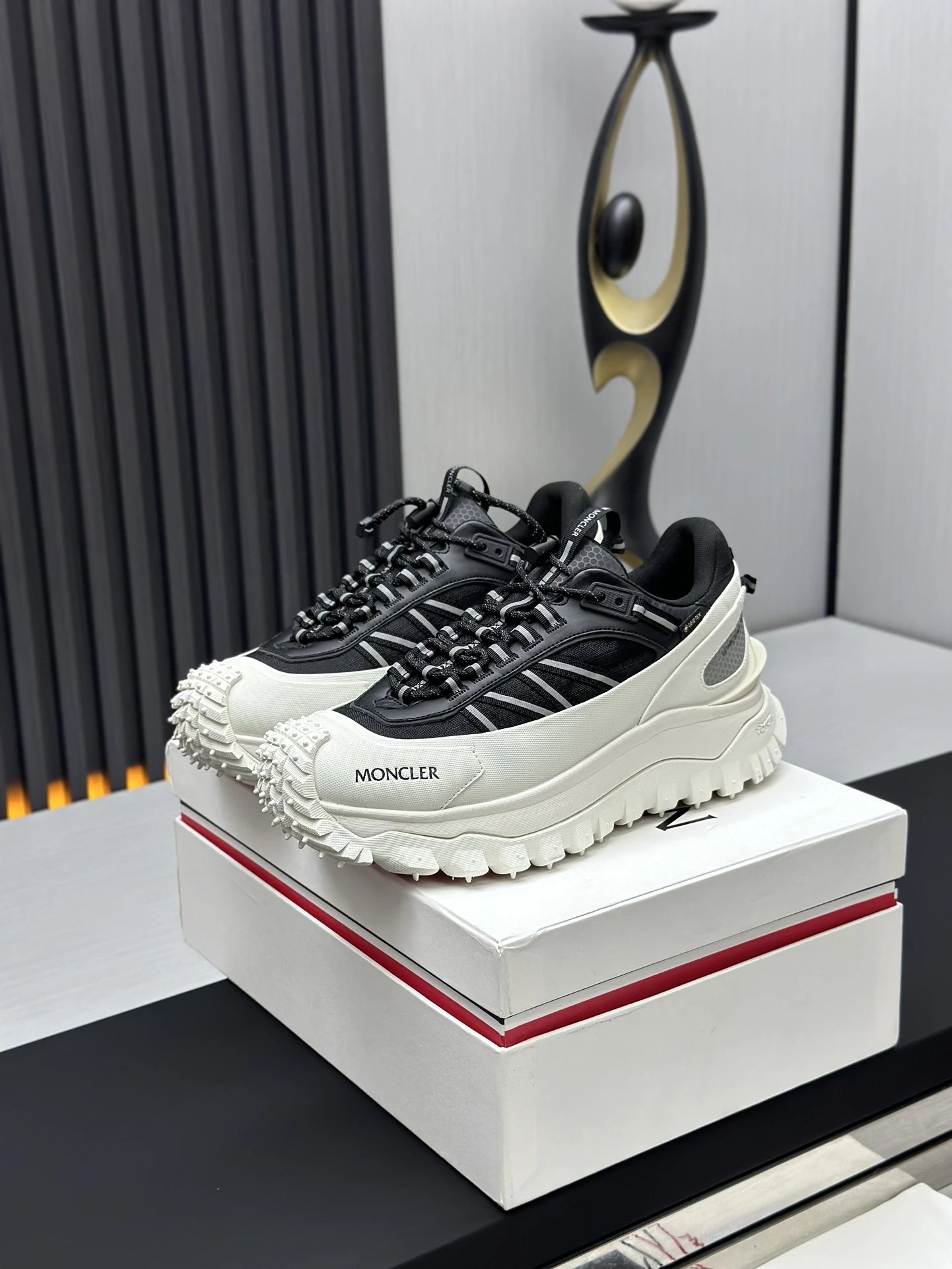 Moncler Trailgrip GTX Black Sneakers White Stripes - Gallery Image 2 - Detailed View