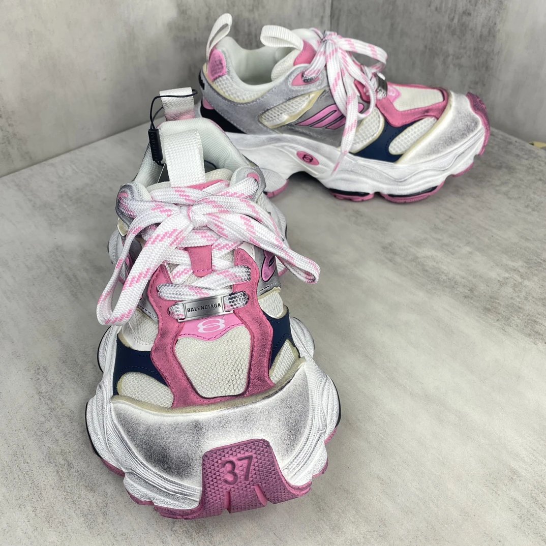 Chunky Retro Cargo Sneakers Mesh Leather Pink Silver - Gallery Image 2 - Detailed View