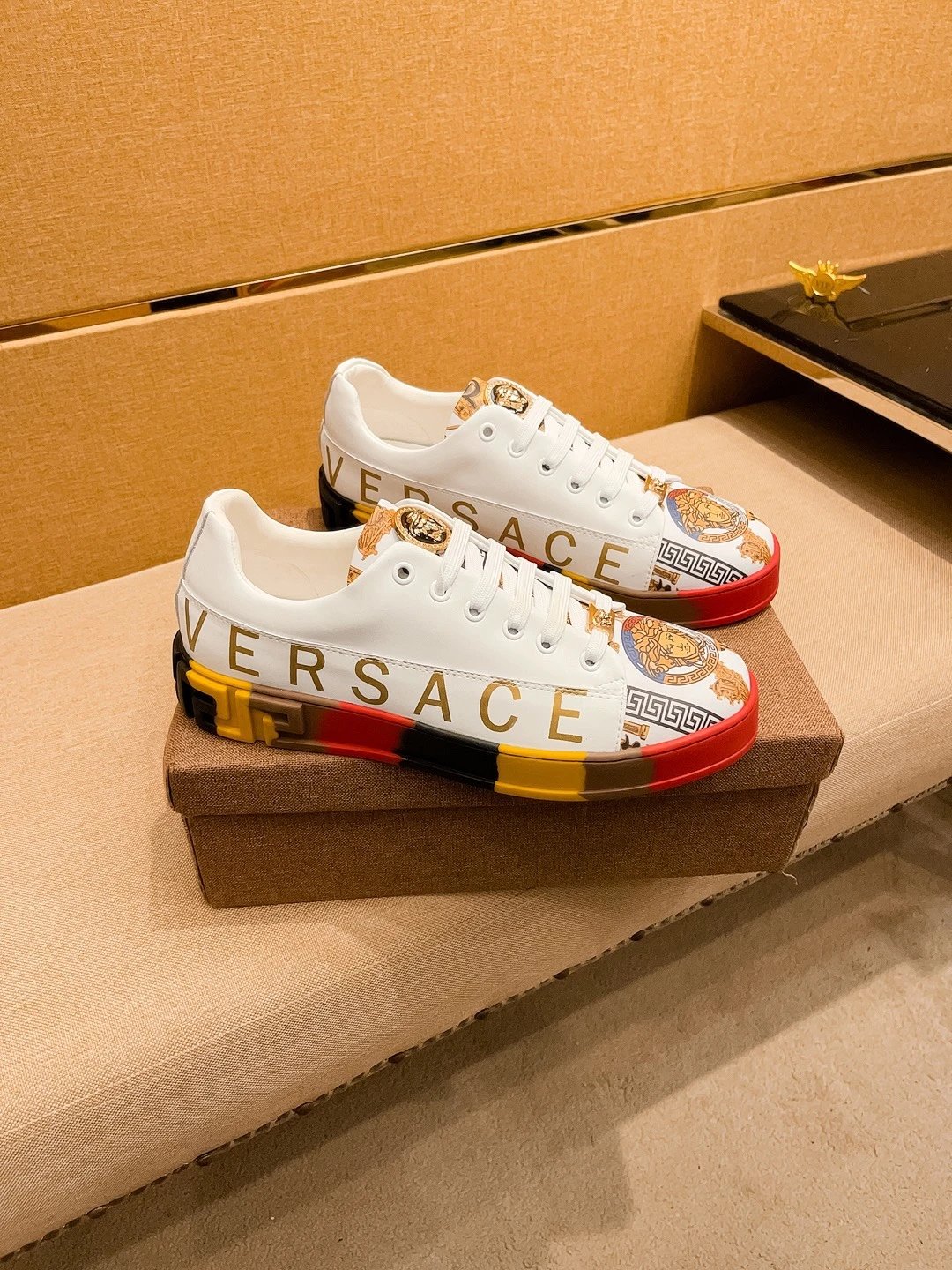 Luxury Leather Low Top Sneakers Multicolor Trim - Gallery Image 1 - Detailed View