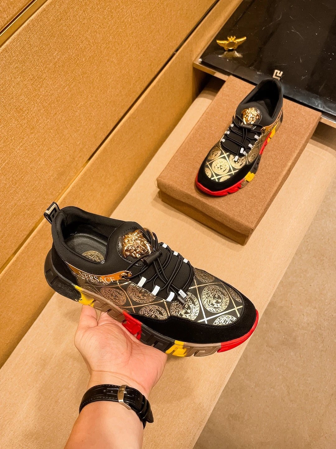 Baroque Leather Sneakers Black Gold Red - Gallery Image 4 - Detailed View