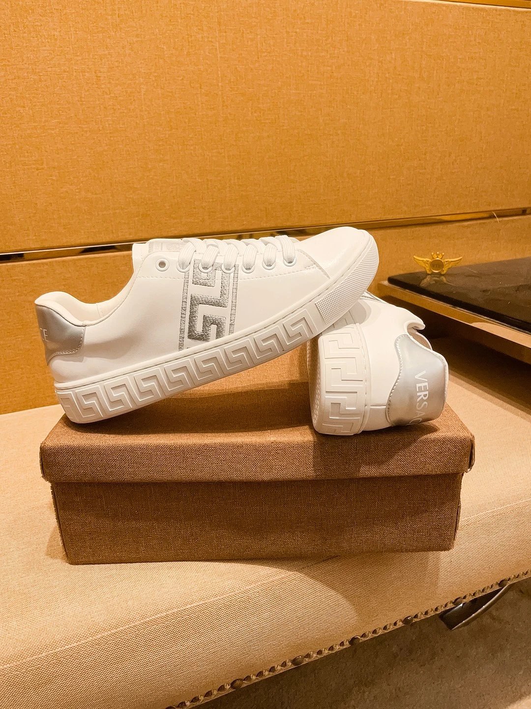 Luxury Leather Sneakers Greek Pattern Snow White - Gallery Image 2 - Detailed View