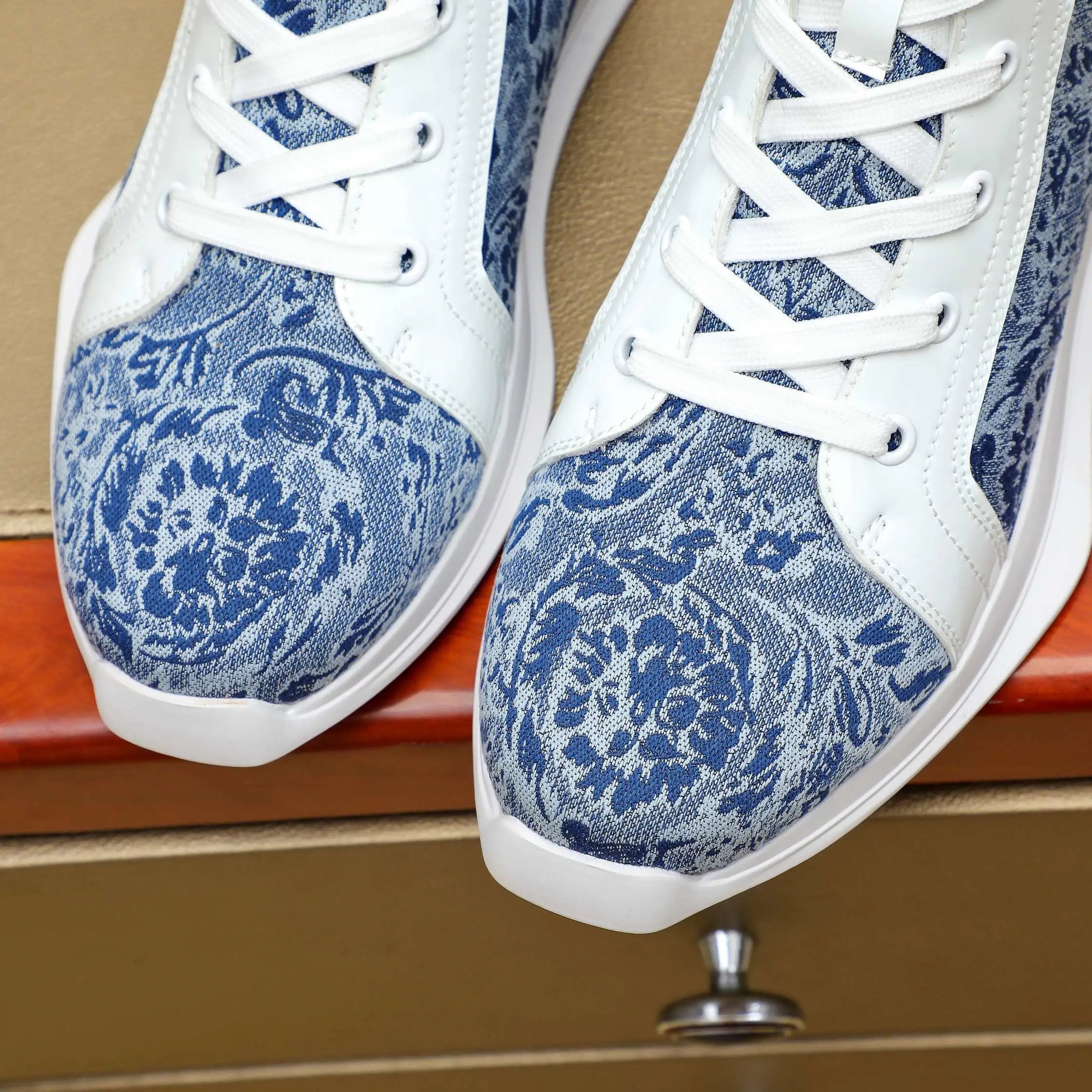 Baroque Leather High Top Sneakers Ivory Blue - Gallery Image 6 - Detailed View