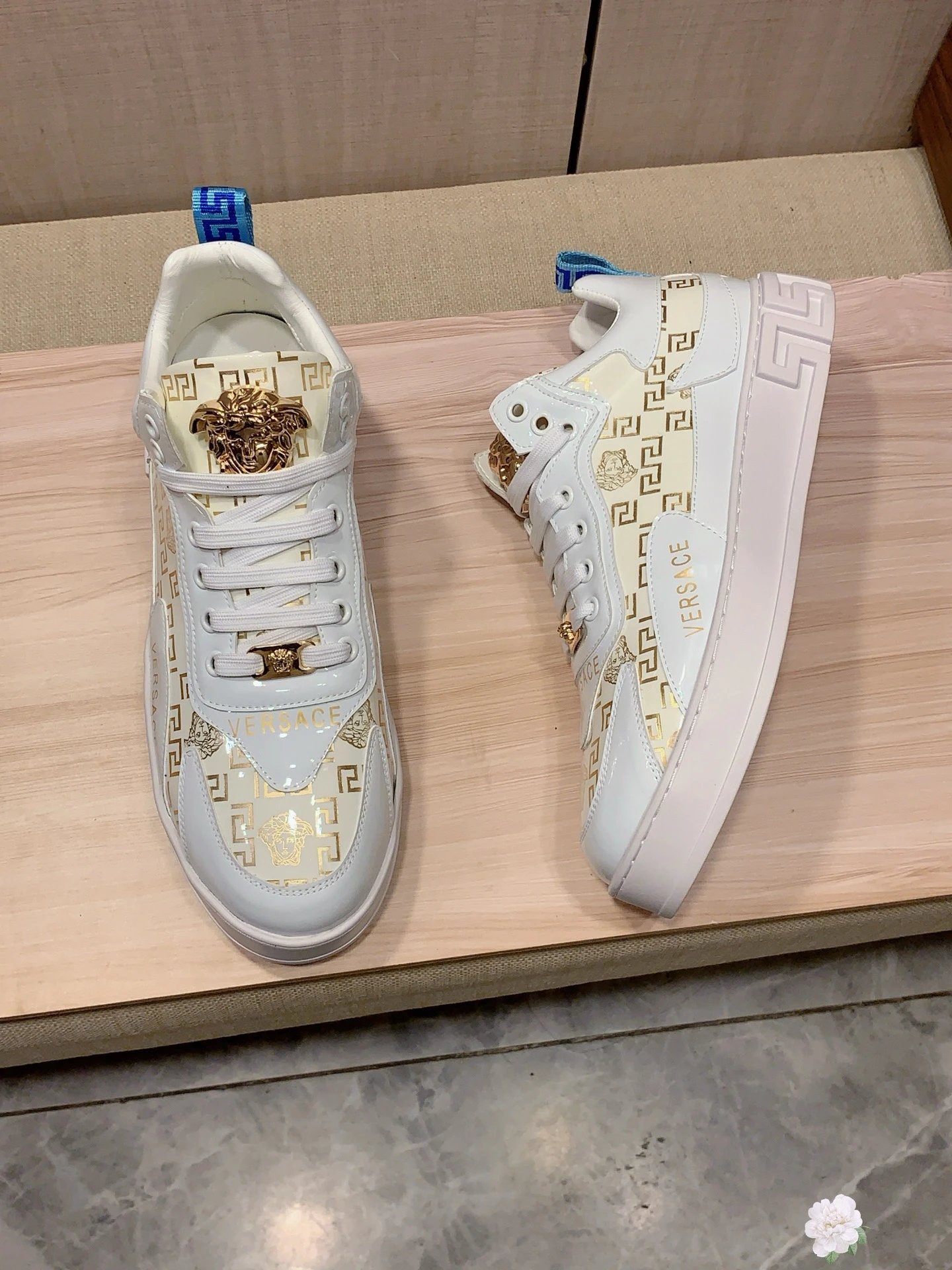 Luxury Leather Sneakers Greek Pattern Gold White - Gallery Image 5 - Detailed View