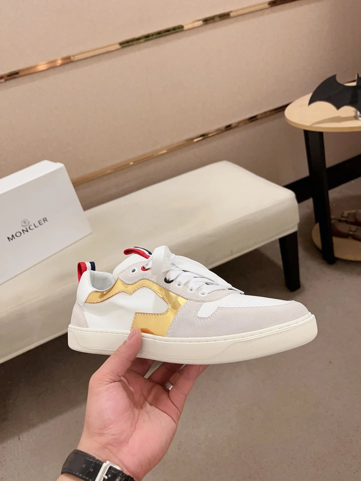 Moncler Lunarove White Sneakers Gold Accent - Gallery Image 4 - Detailed View