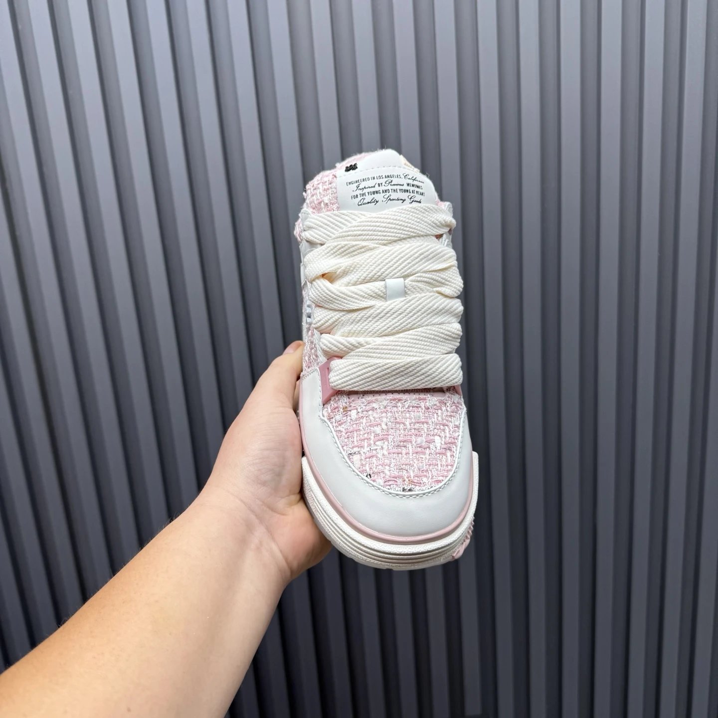 Low Top Tweed Leather Sneakers for Men Women Blush Pink - Gallery Image 5 - Detailed View