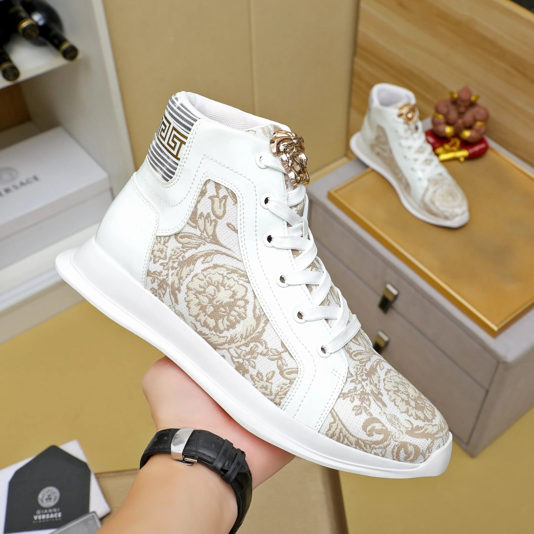 Baroque Leather High Top Sneakers Ivory - Gallery Image 3 - Detailed View