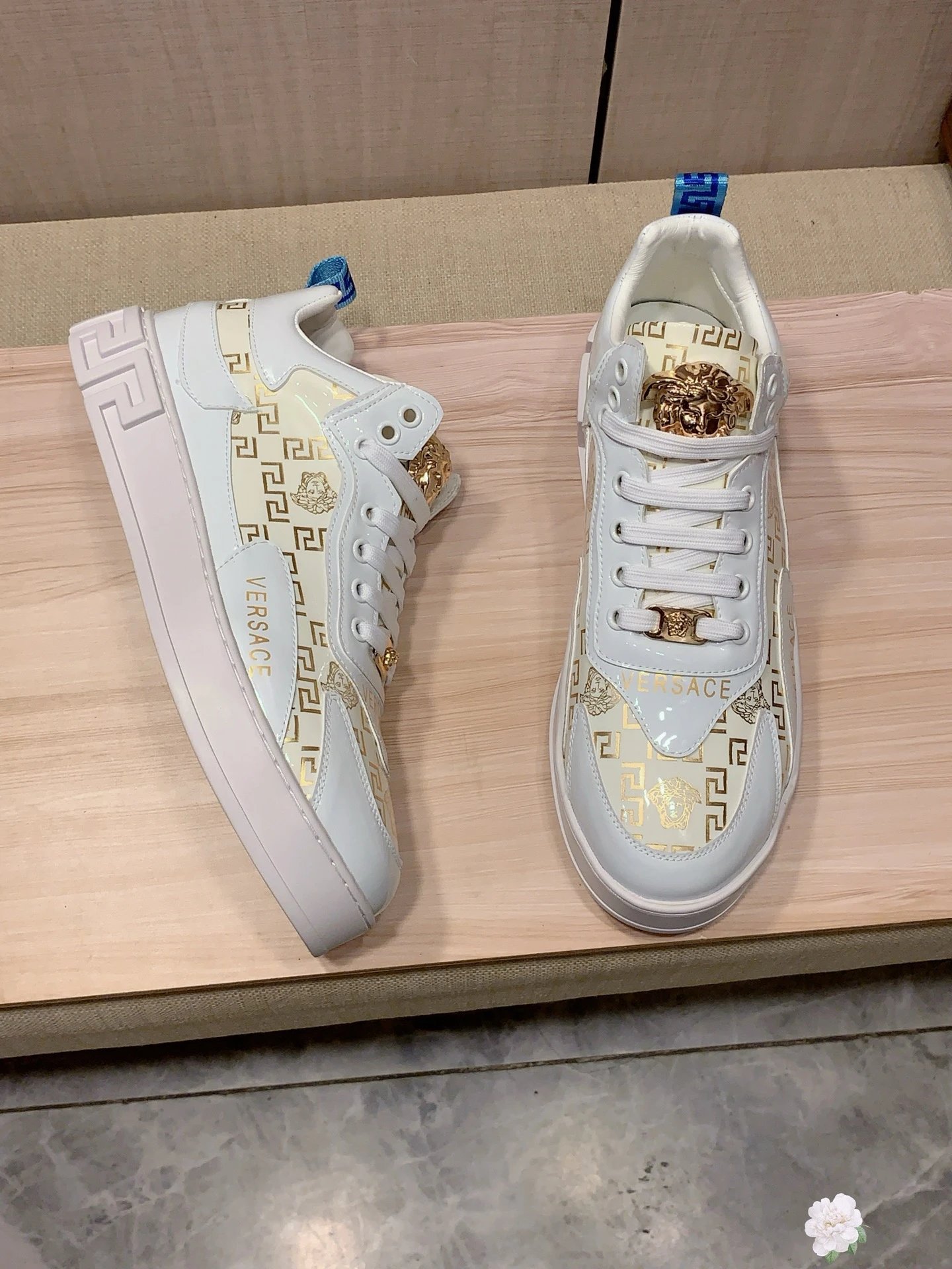 Luxury Leather Sneakers Greek Pattern Gold White - Gallery Image 6 - Detailed View