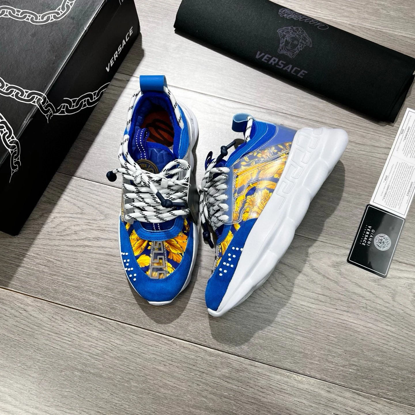 Baroque Print Leather Sneakers with White Sole in Royal Blue - Gallery Image 5 - Detailed View