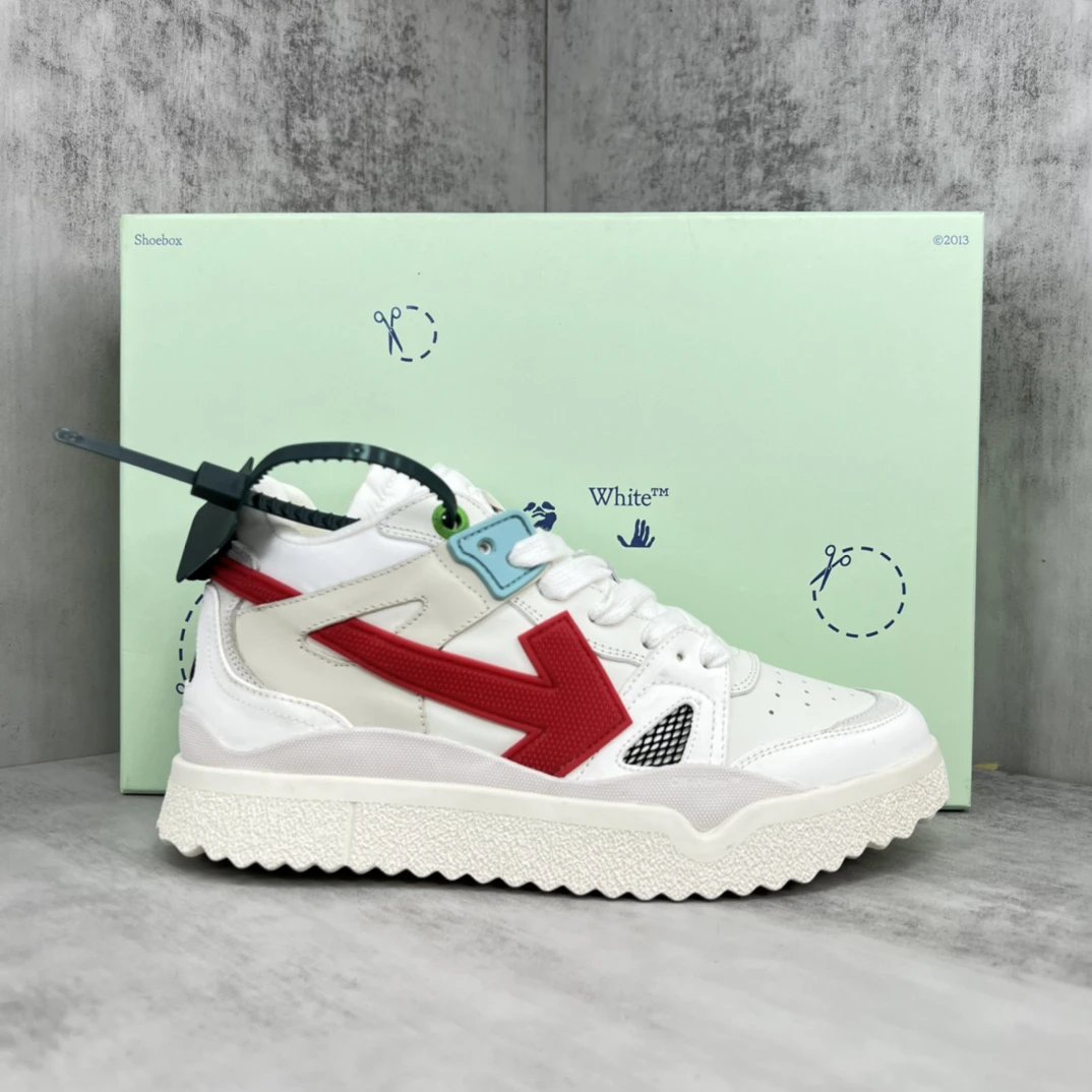 Retro Arrow Leather Mesh High Top Sneakers Ivory Red - Gallery Image 1 - Detailed View