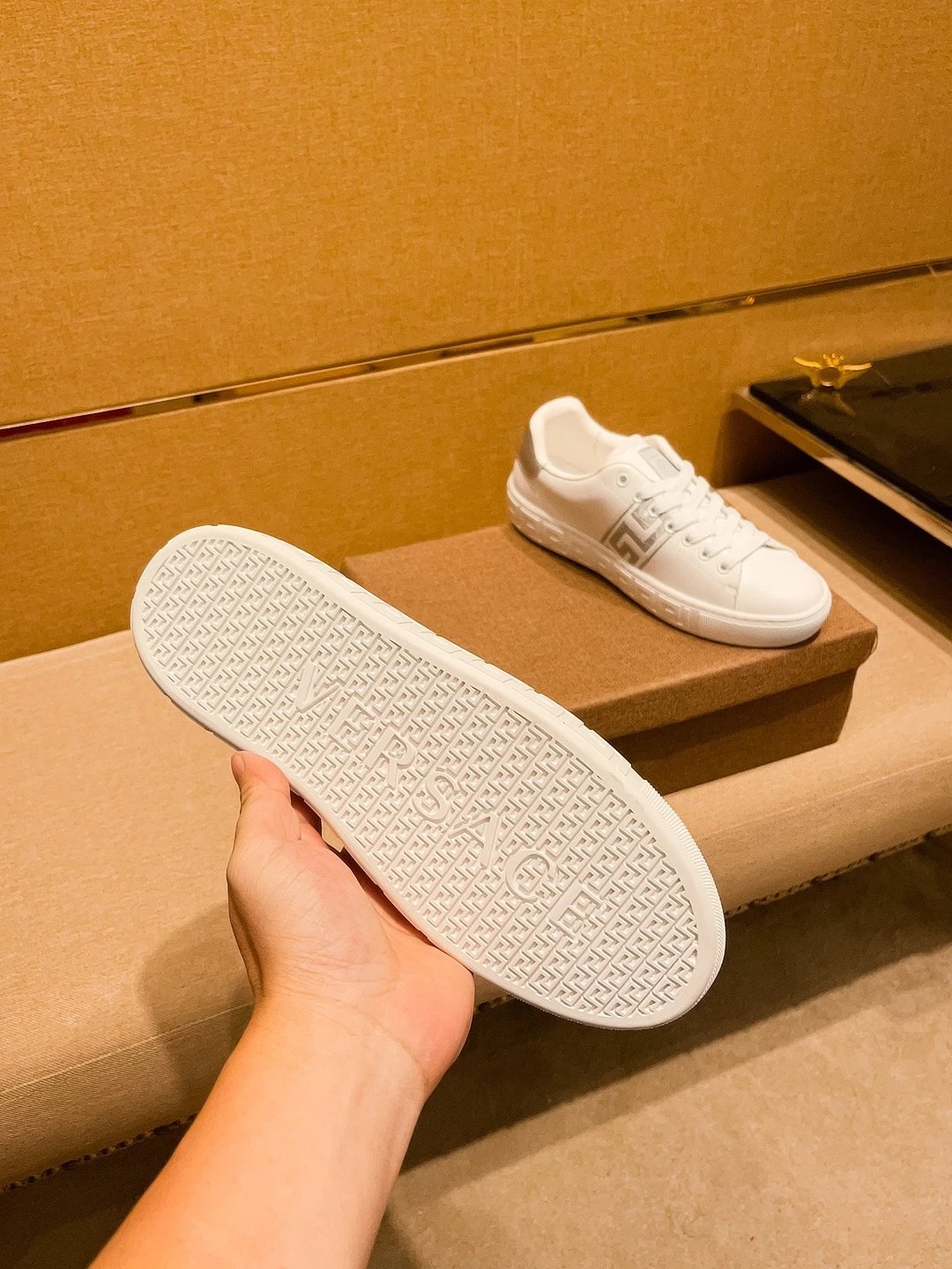 Luxury Leather Sneakers Greek Pattern Snow White - Gallery Image 8 - Detailed View