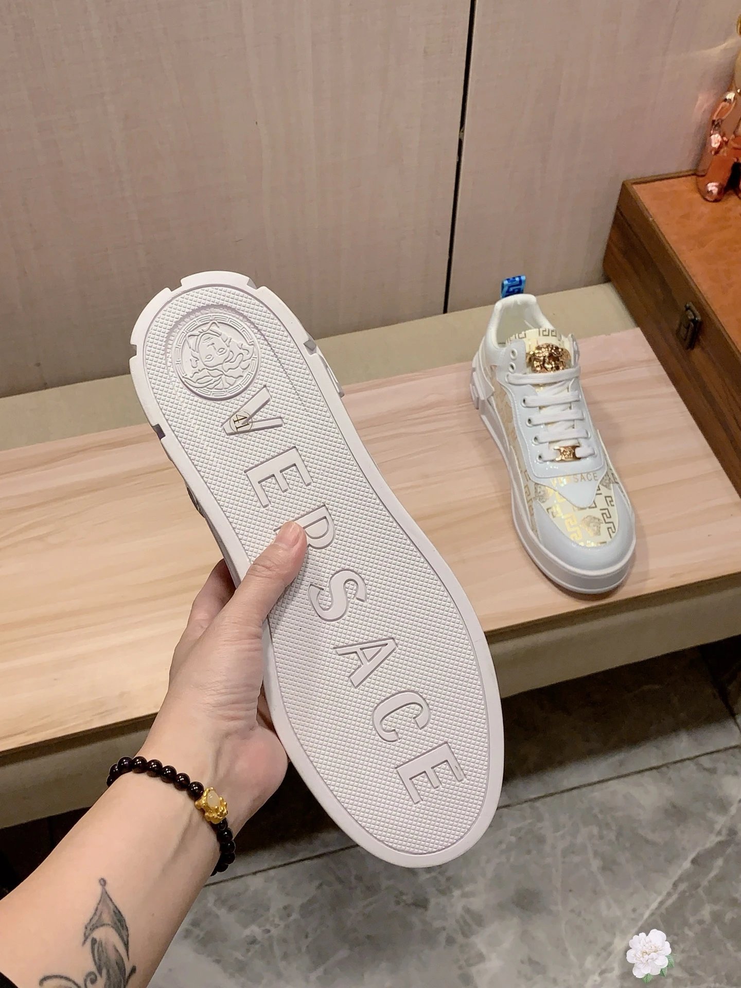 Luxury Leather Sneakers Greek Pattern Gold White - Gallery Image 8 - Detailed View