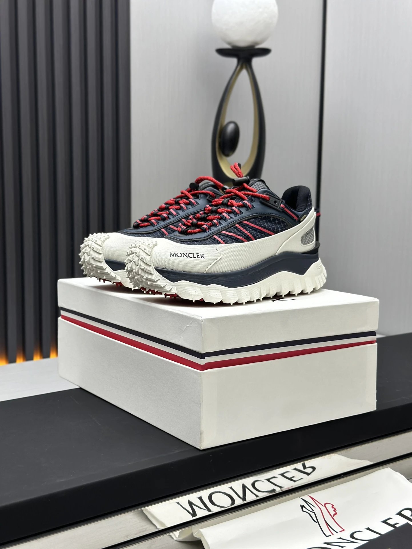 Moncler Trailgrip GTX Black Sneakers Red Stripes - Gallery Image 2 - Detailed View