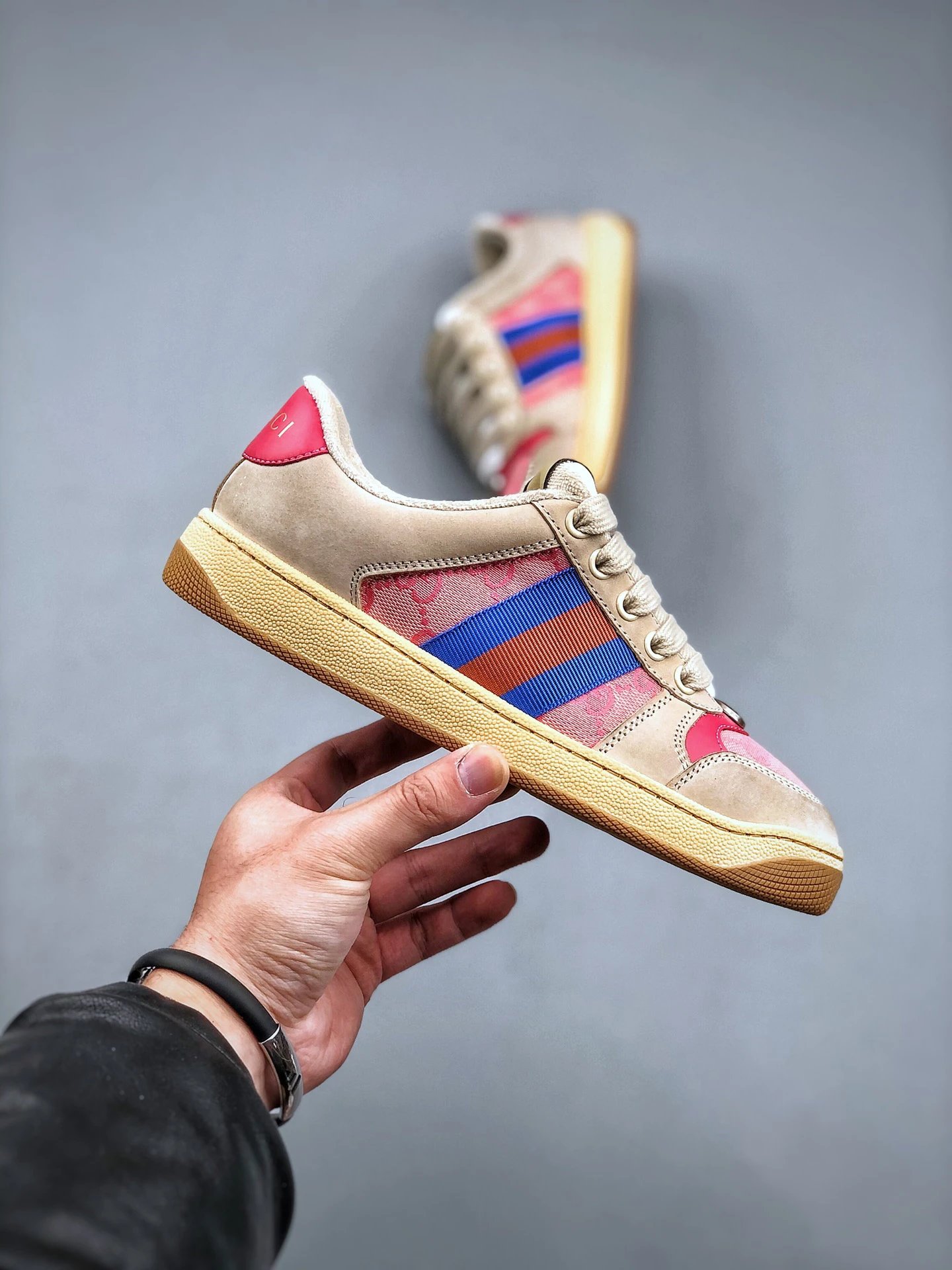 Gucci Distressed Screener Beige Pink Sneakers Blue Red - Gallery Image 4 - Detailed View