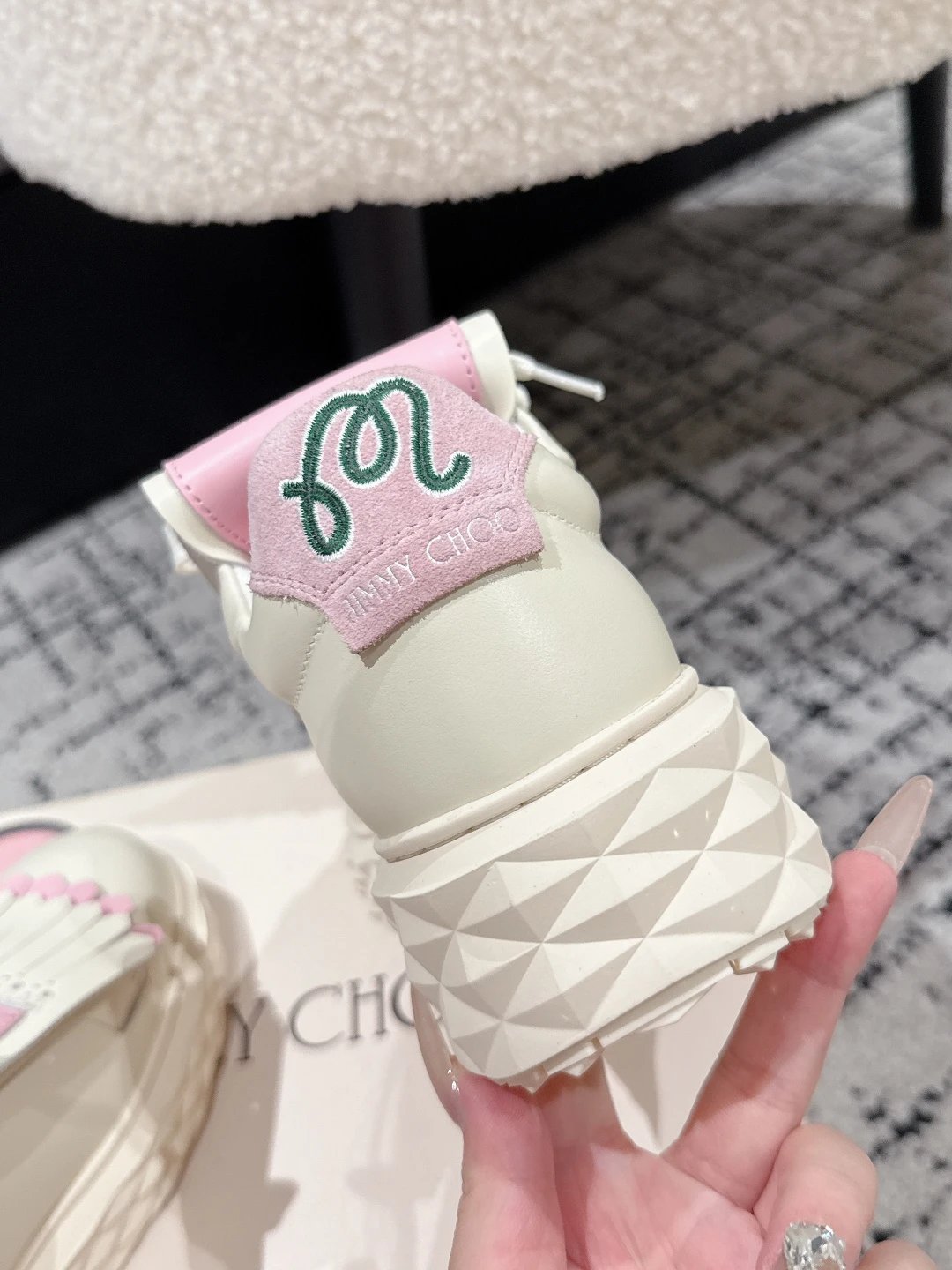 Jimmy Choo x Malbon Golf Diamond Sneakers White Pink - Gallery Image 7 - Detailed View