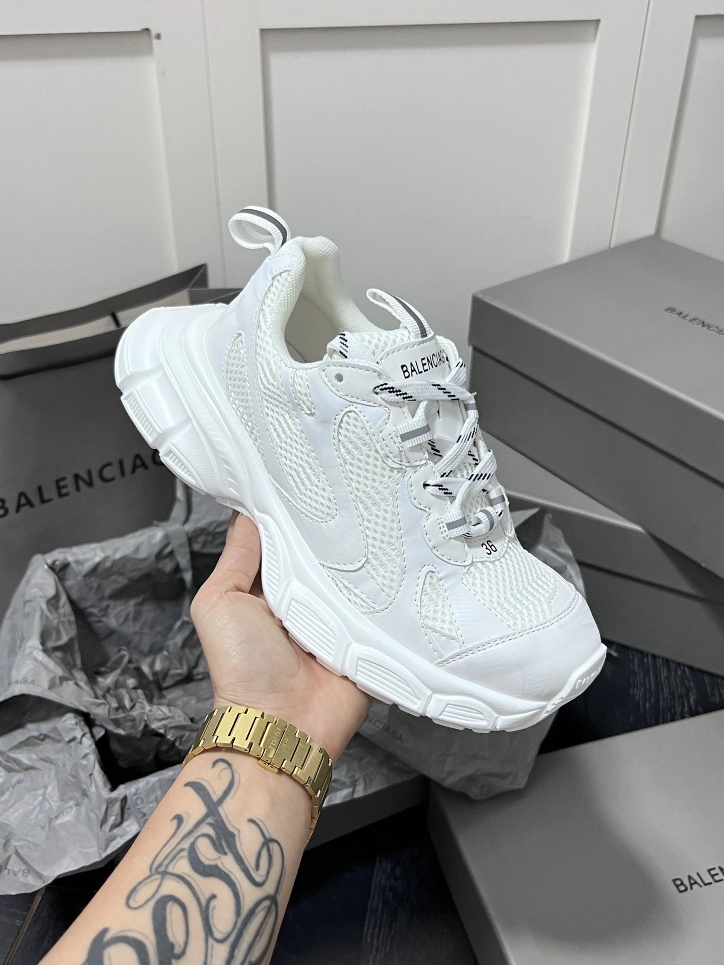 Chunky Leather Mesh Dad Sneakers Retro Sport Jet Black - Gallery Image 5 - Detailed View