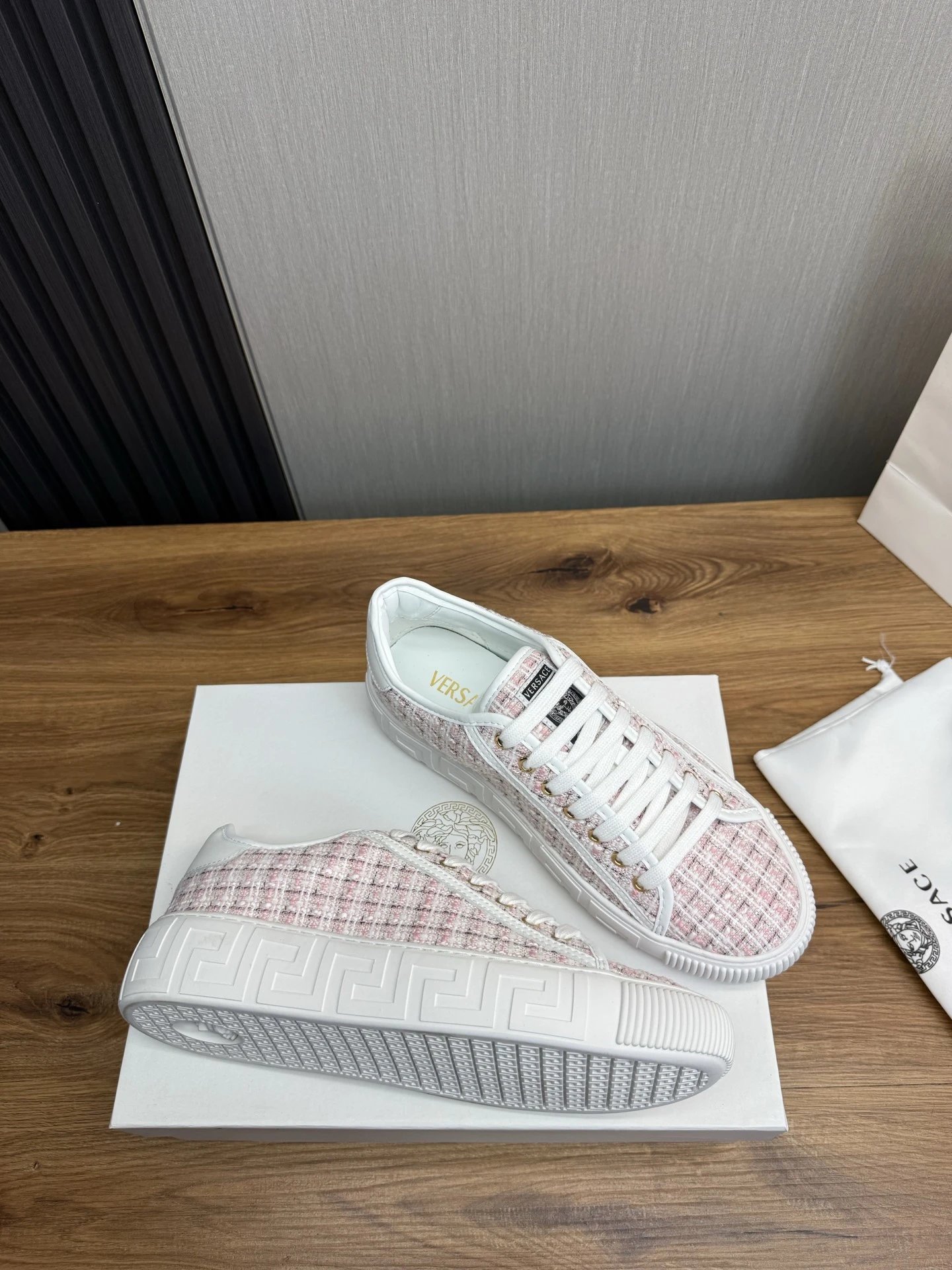 Tweed Leather Low Top Sneakers Blush Pink - Gallery Image 6 - Detailed View