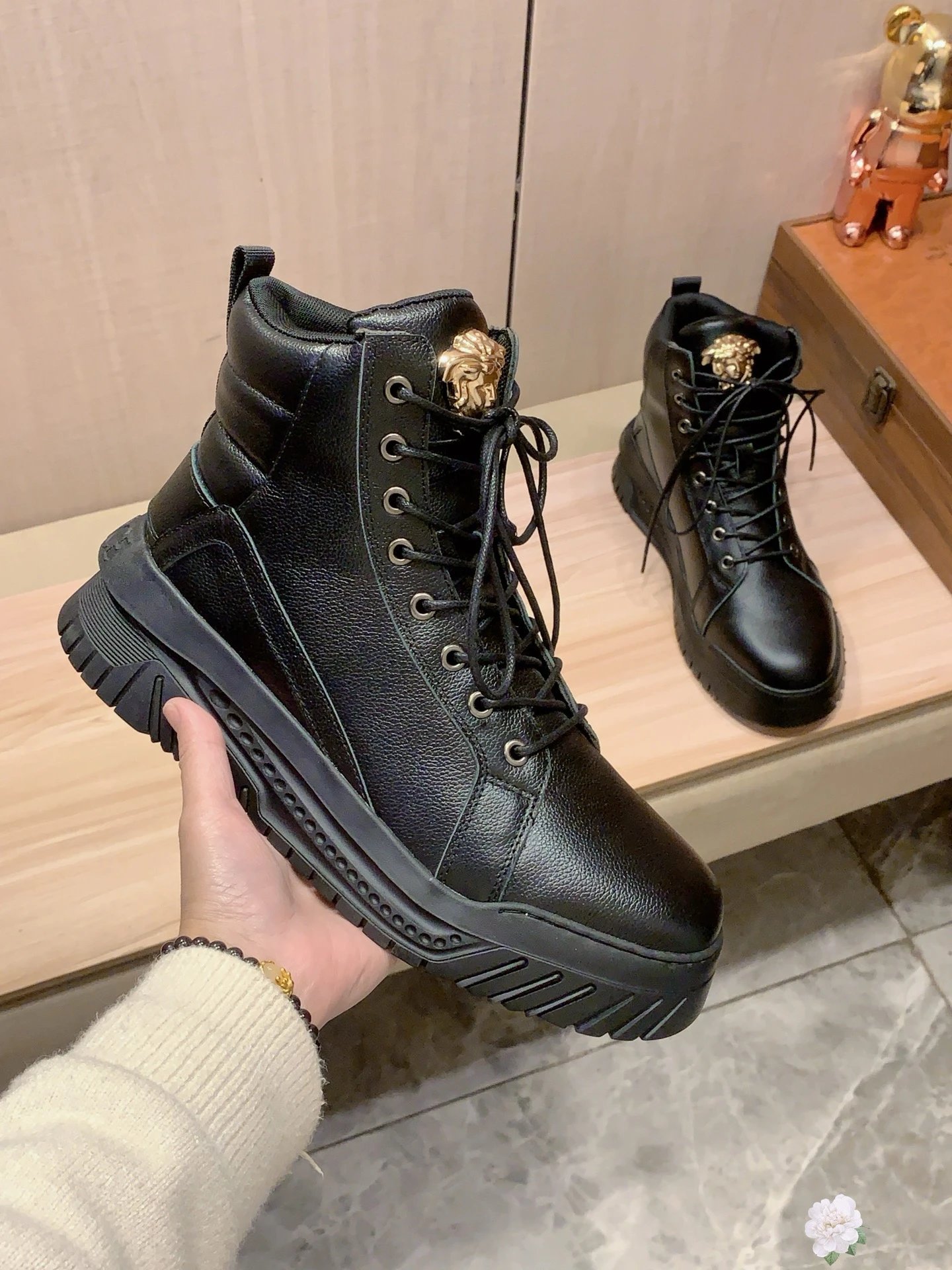 High Top Leather Sneakers Gold Black - Gallery Image 6 - Detailed View