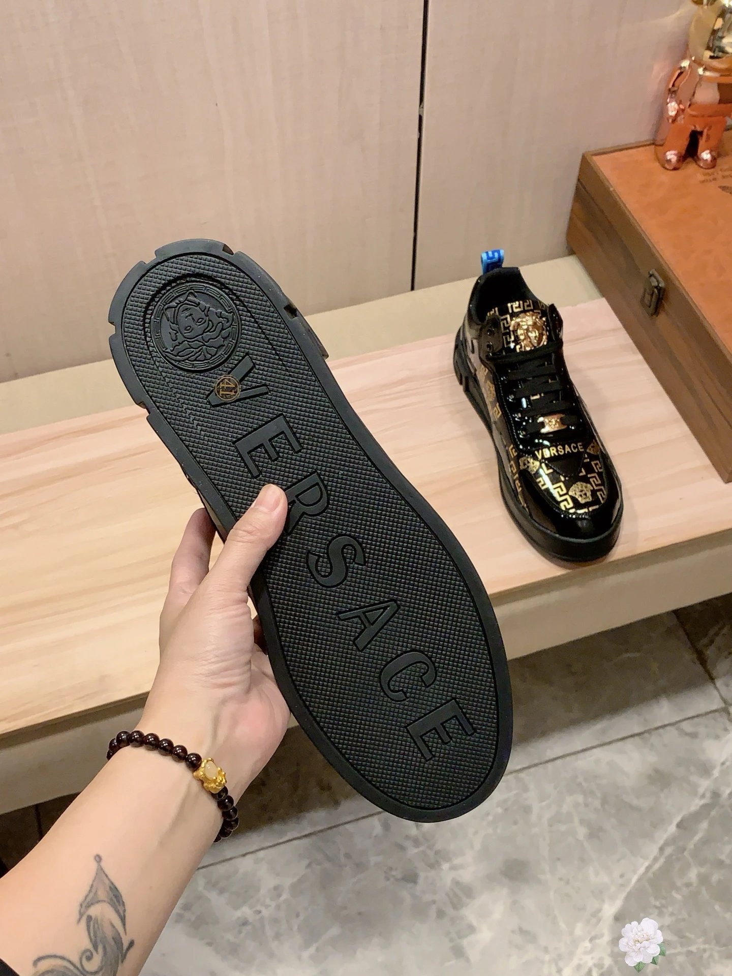 Luxury Leather Sneakers Greek Key Black Gold - Gallery Image 7 - Detailed View