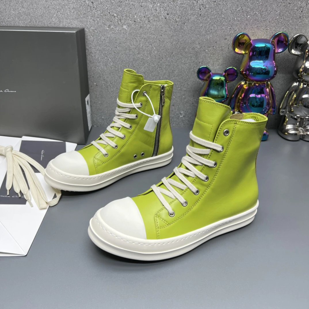 Rick Owens Leather High-Top Sneakers Green - Gallery Image 3 - Detailed View