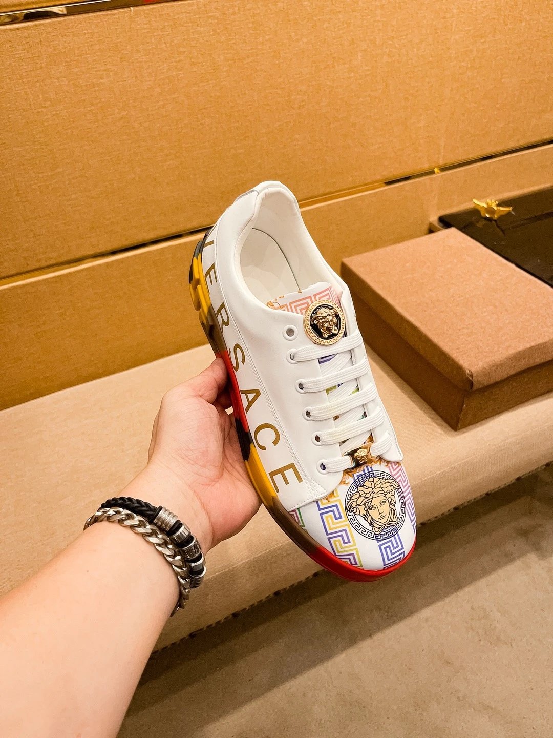 Luxury Leather Sneakers Multicolor Trim - Gallery Image 7 - Detailed View