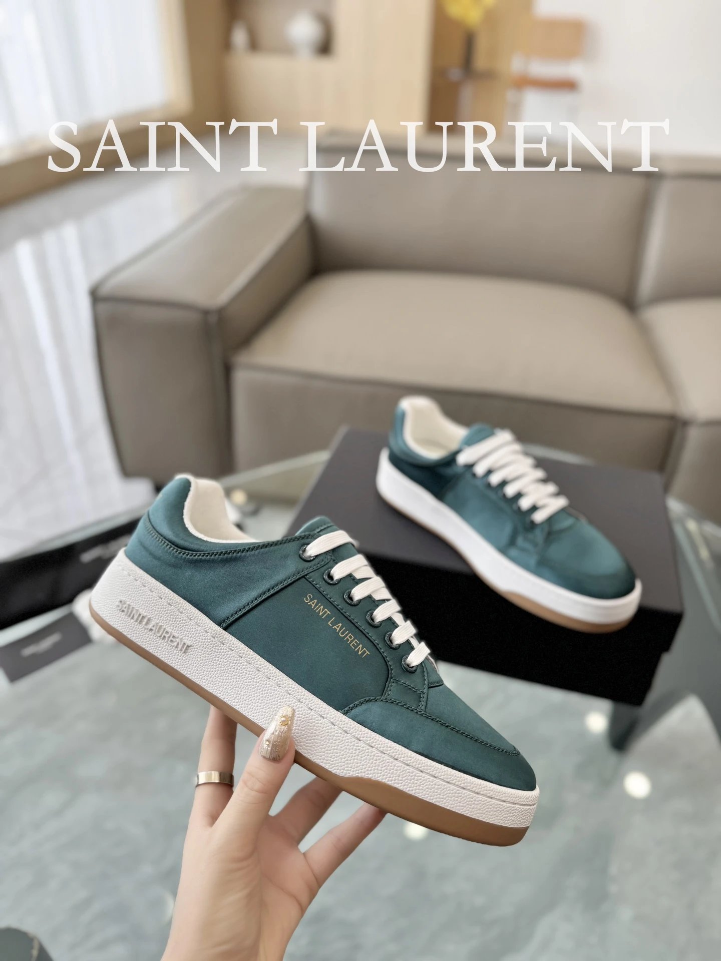 Saint Laurent Leather Sneakers Green - Gallery Image 5 - Detailed View