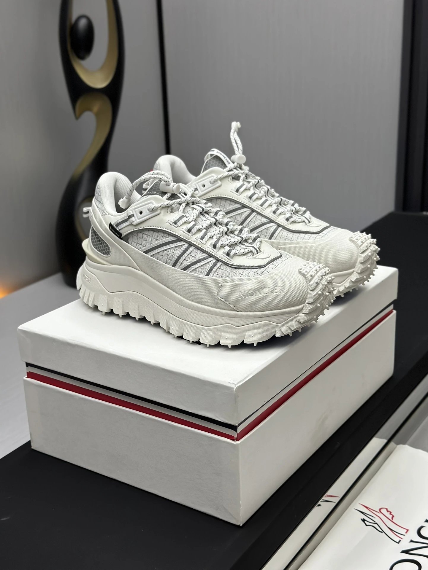Moncler Trailgrip GTX White Sneakers Grey Stripes - Gallery Image 3 - Detailed View