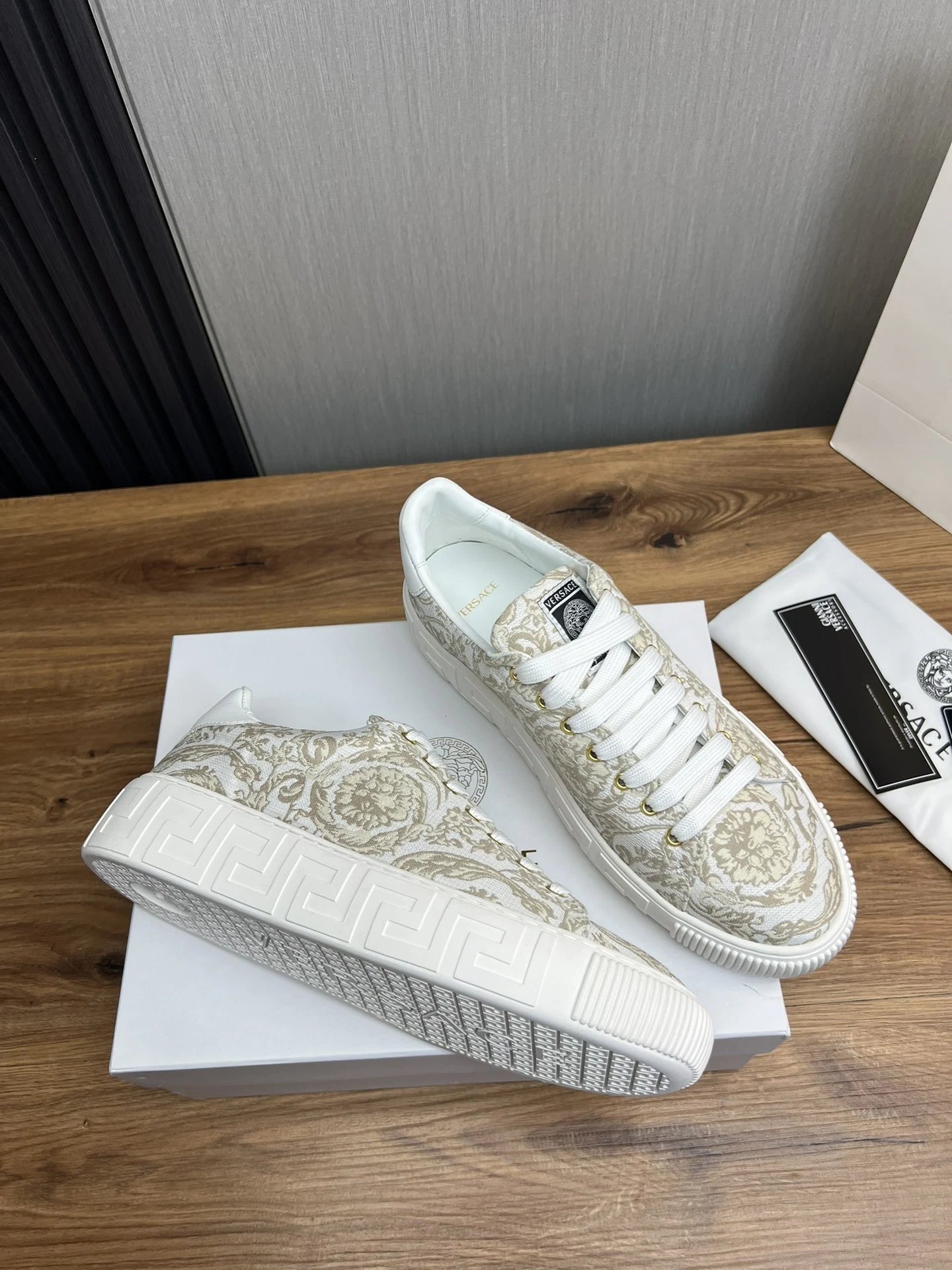 Baroque Leather Low Top Sneakers for Couples Ivory Beige - Gallery Image 5 - Detailed View