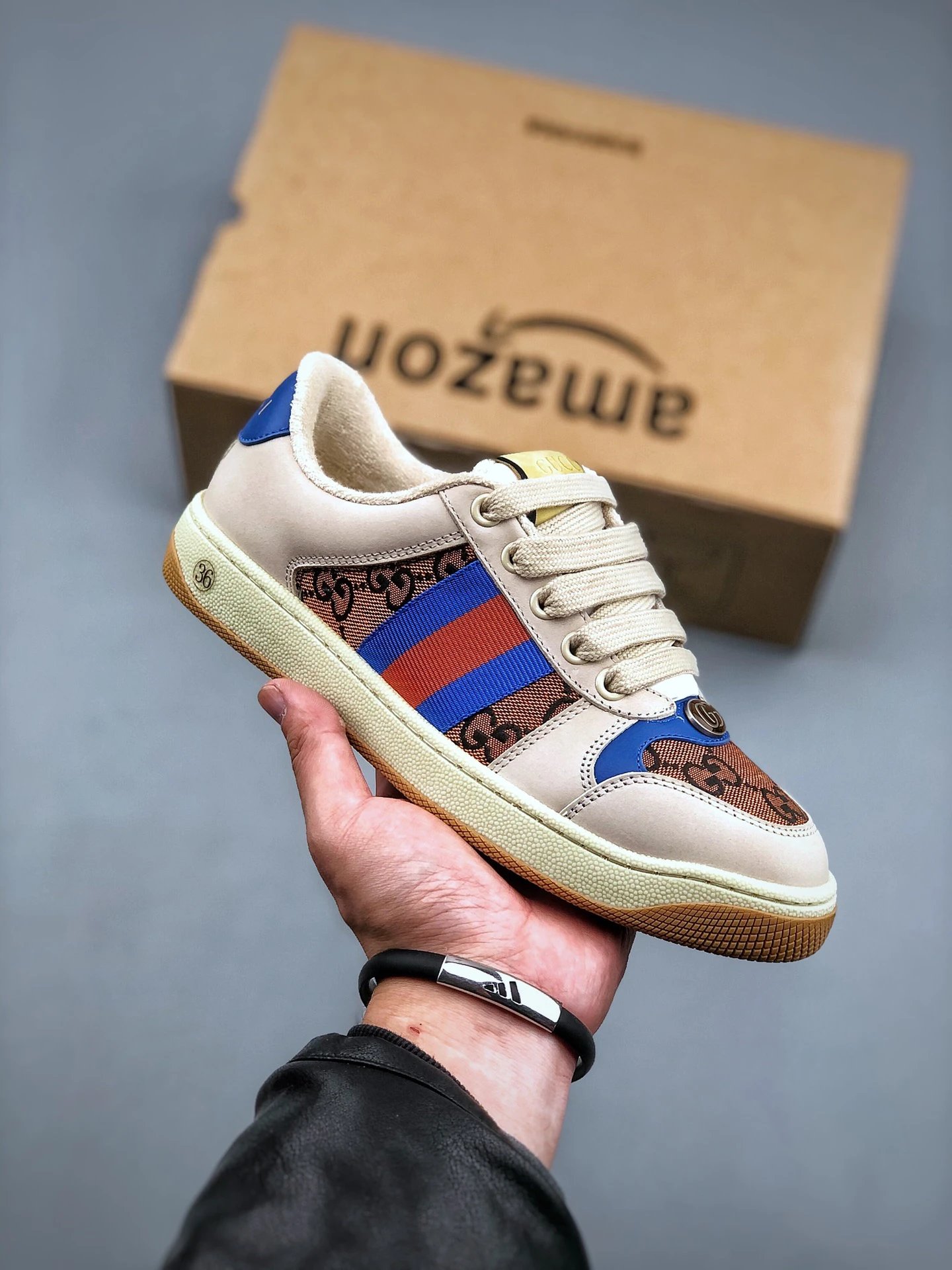 Gucci Distressed Screener Beige Blue Sneakers Blue Red - Gucci - Cnfans - $49.68