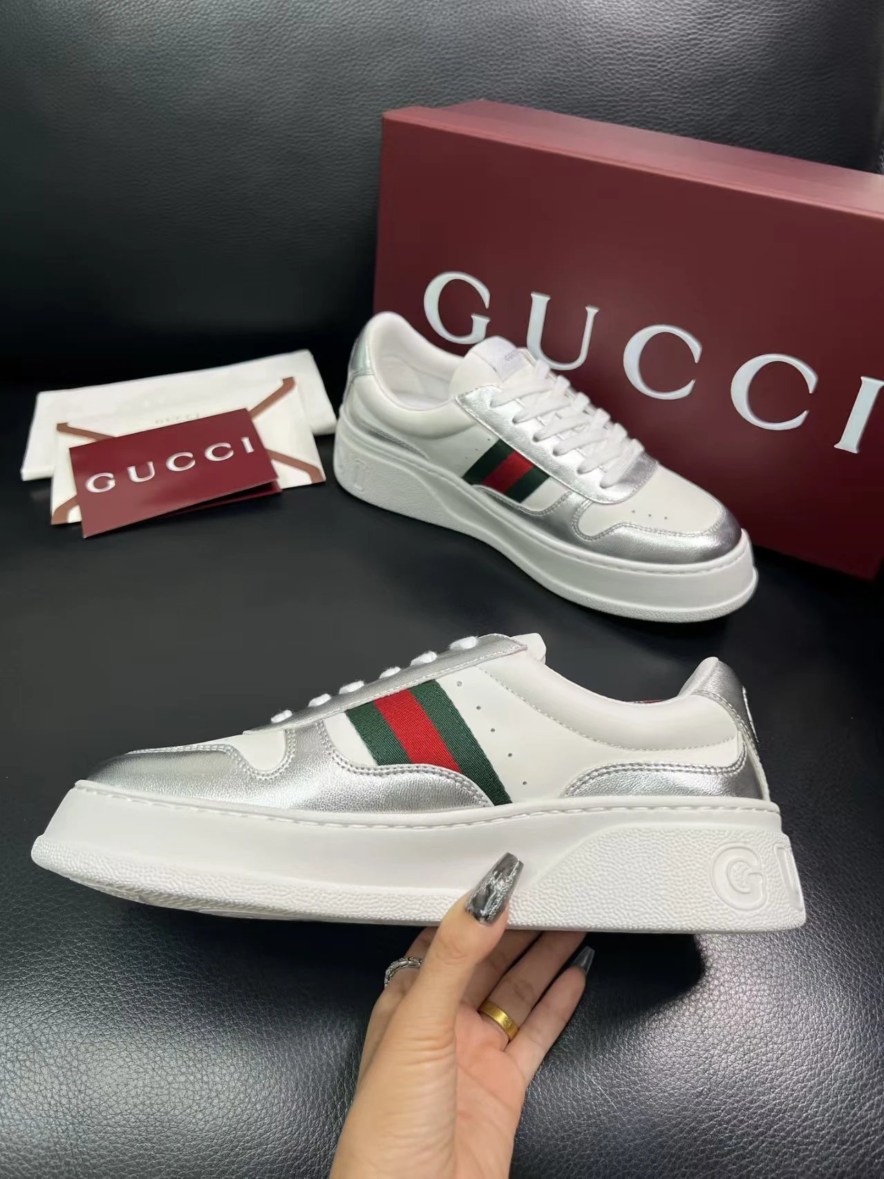 Gucci Men's Platform Sneakers Silver White - Gallery Image 5 - Detailed View