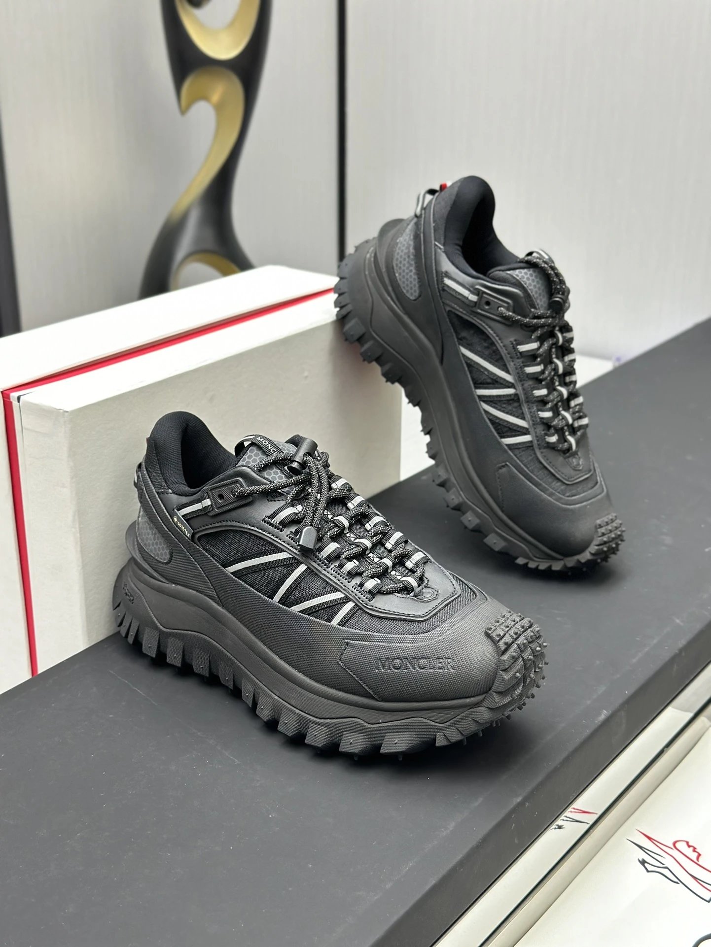 Moncler Trailgrip GTX Black Sneakers White Stripes - Gallery Image 4 - Detailed View