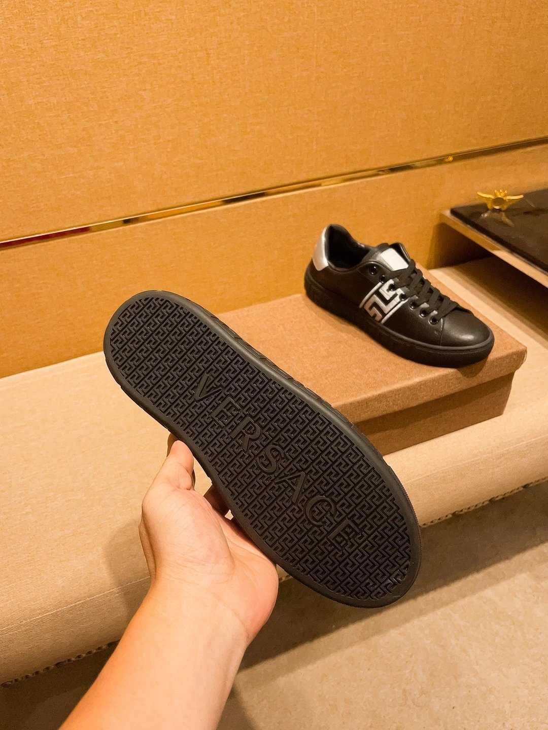 Luxury Leather Sneakers Greek Key Black Silver - Gallery Image 8 - Detailed View