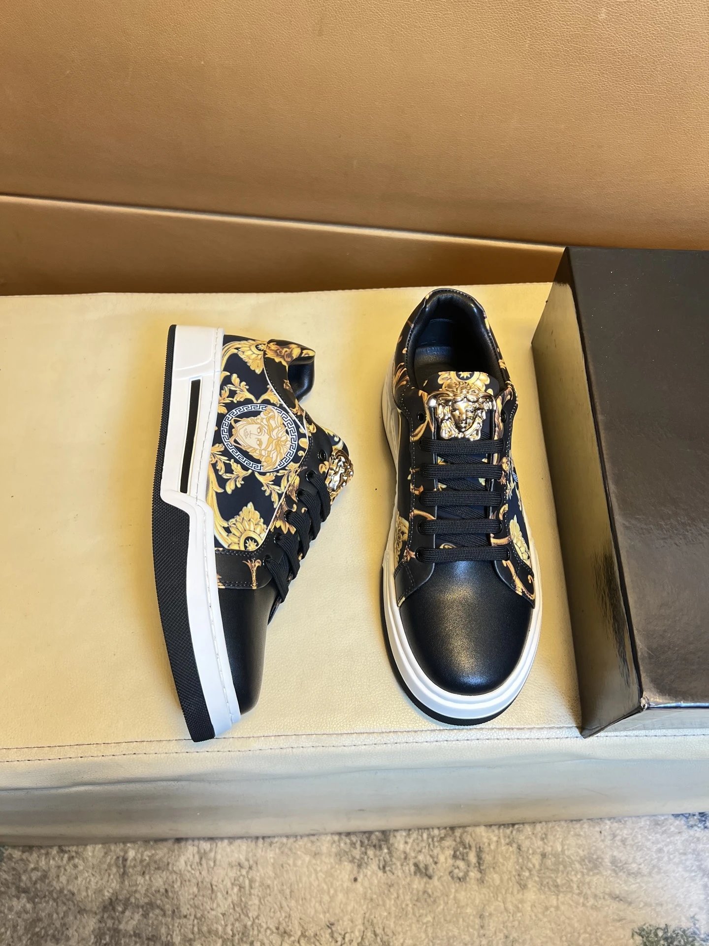 Baroque Leather Low Top Sneakers with Gold Black - Gallery Image 8 - Detailed View