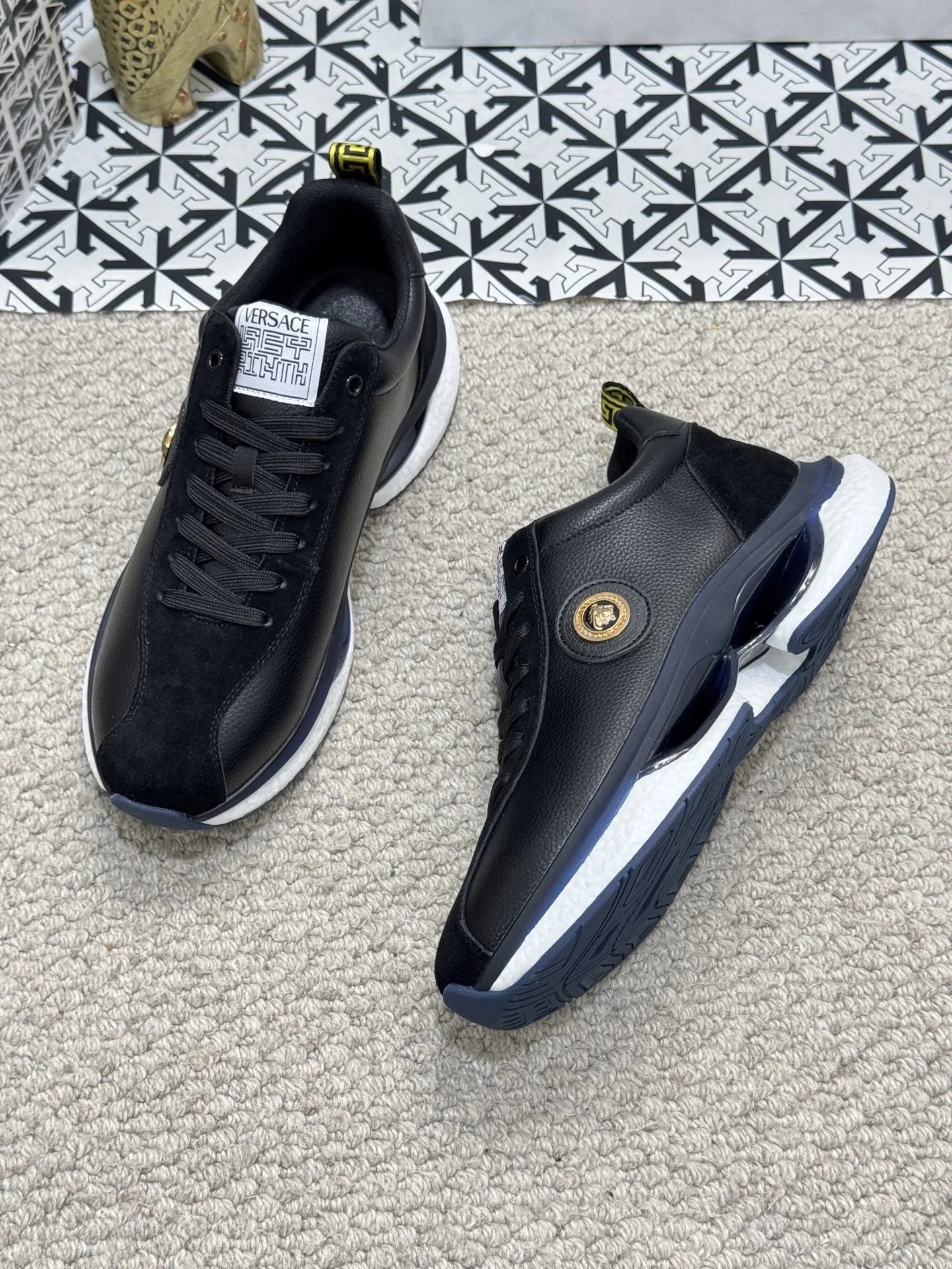 Luxury Leather Running Sneakers Black Onyx Finish - Gallery Image 6 - Detailed View