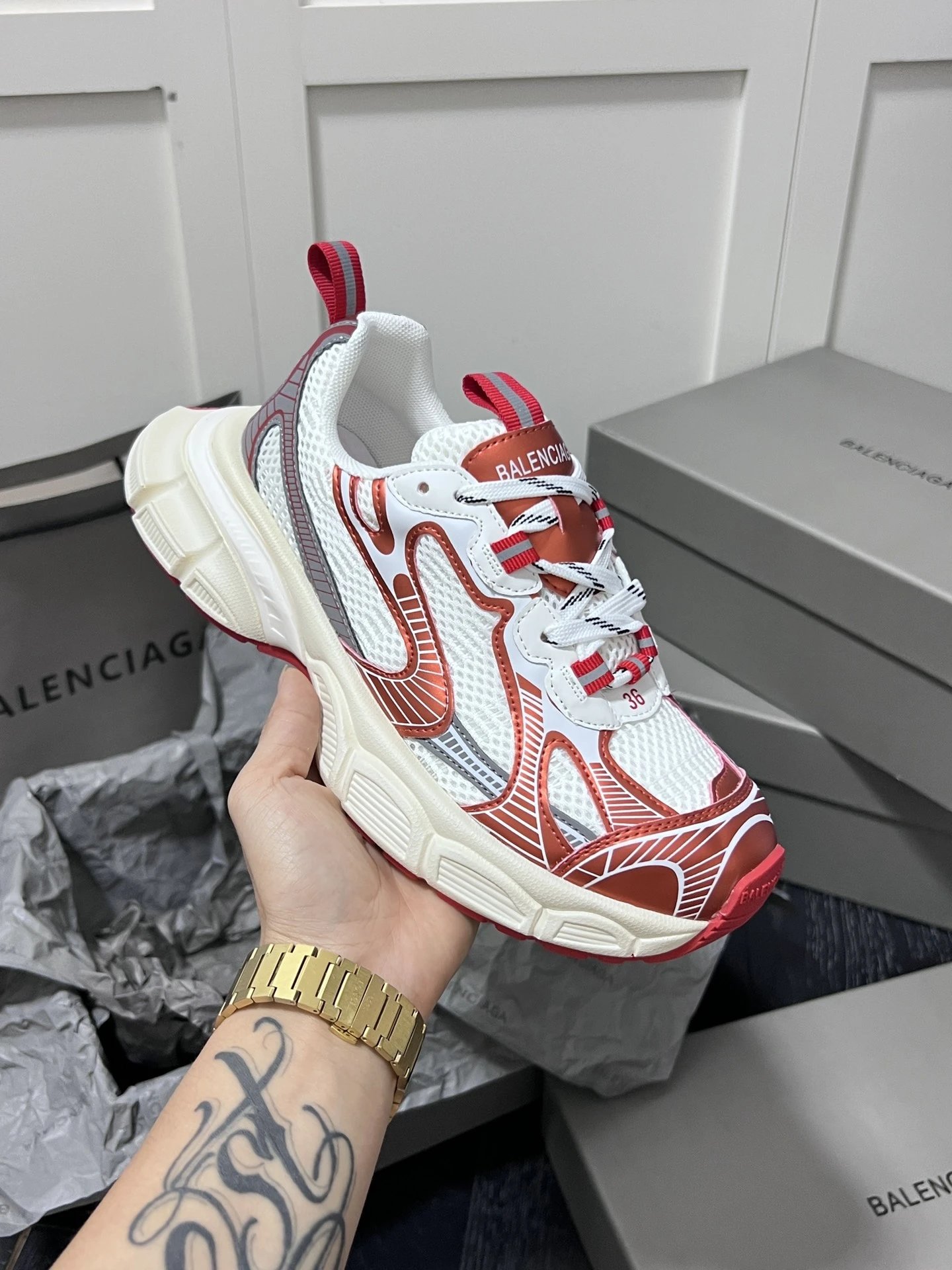 Retro Dad Sneakers Mesh Leather Chunky Sole Crimson White - Balenciaga - Cnfans - $49.68