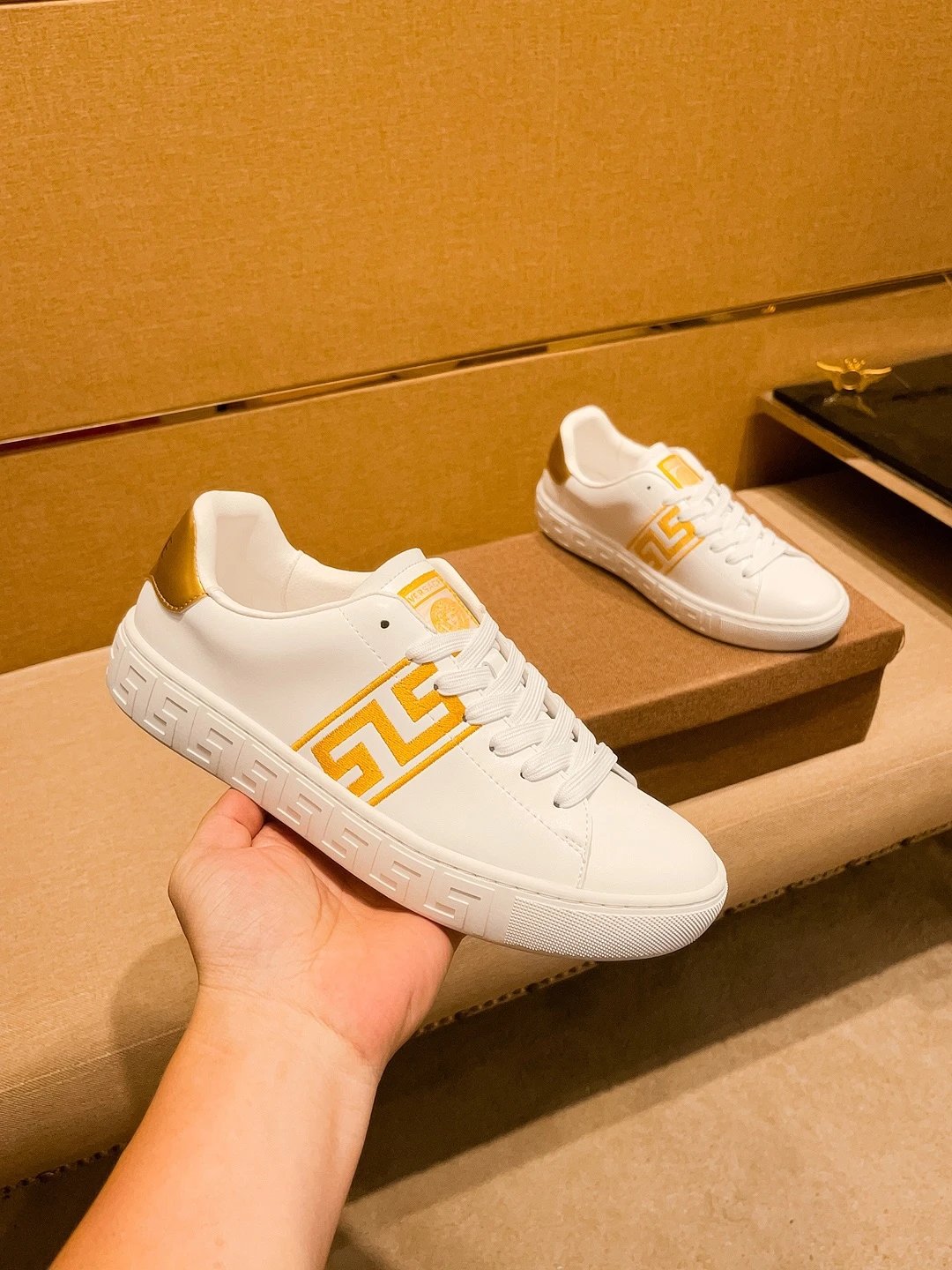 Luxury Leather Sneakers Greek Pattern White Gold - Gallery Image 3 - Detailed View