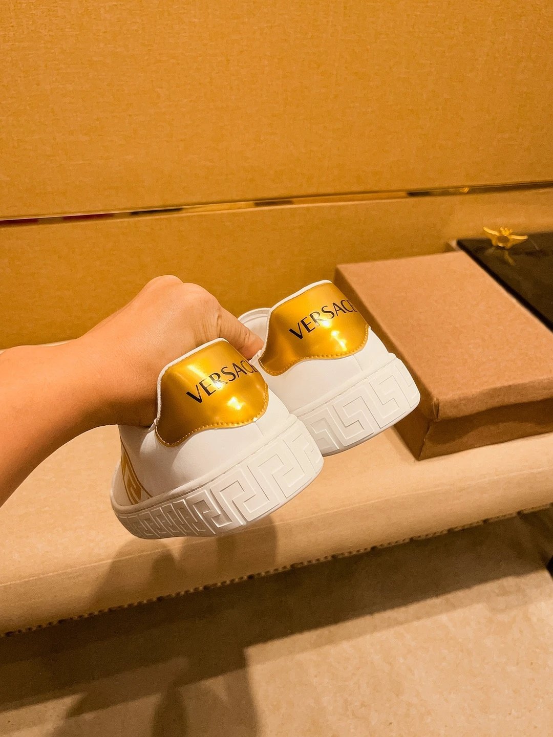 Luxury Leather Sneakers Greek Pattern White Gold - Gallery Image 9 - Detailed View