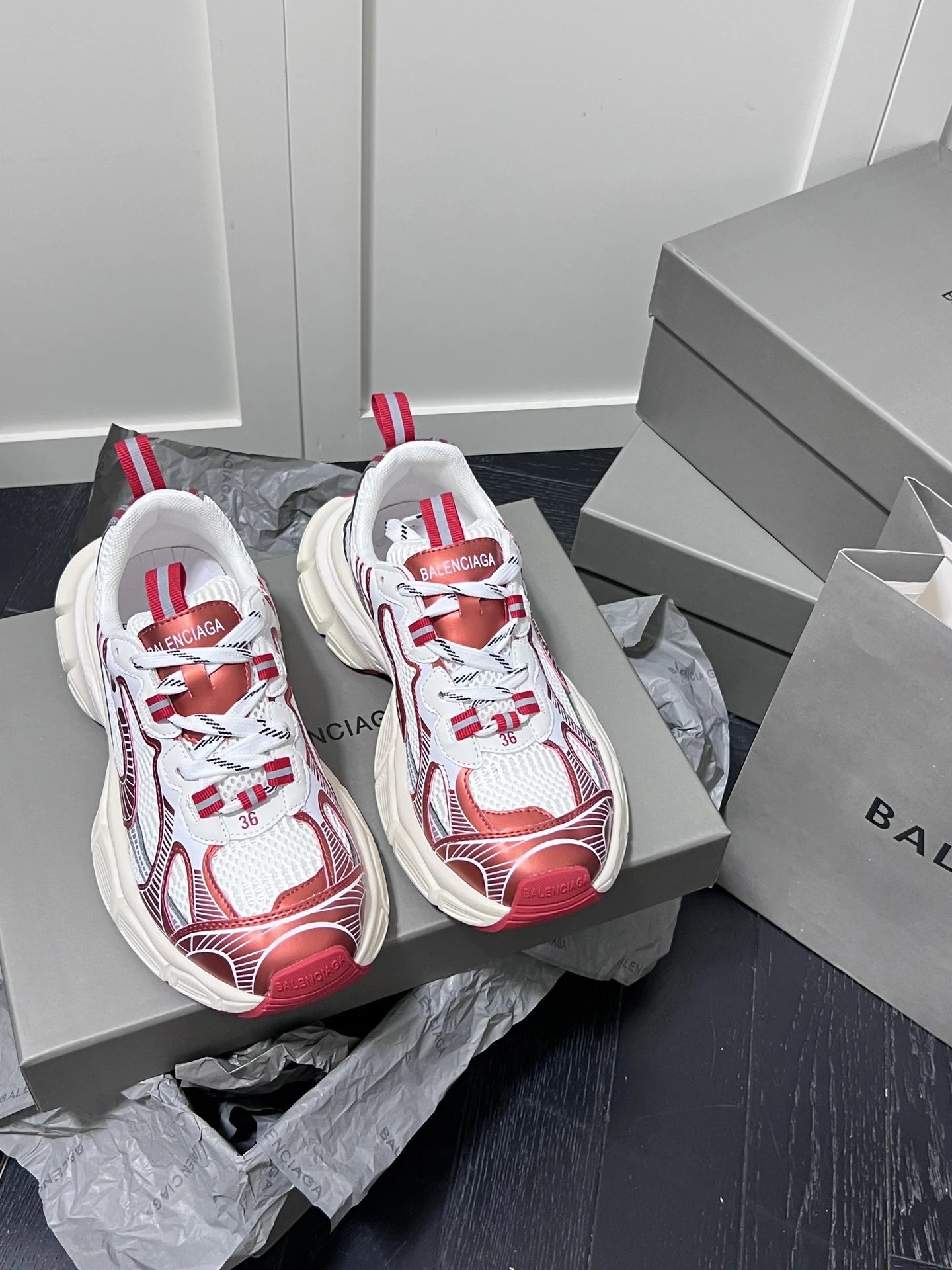 Retro Dad Sneakers Mesh Leather Chunky Sole Crimson White - Gallery Image 2 - Detailed View