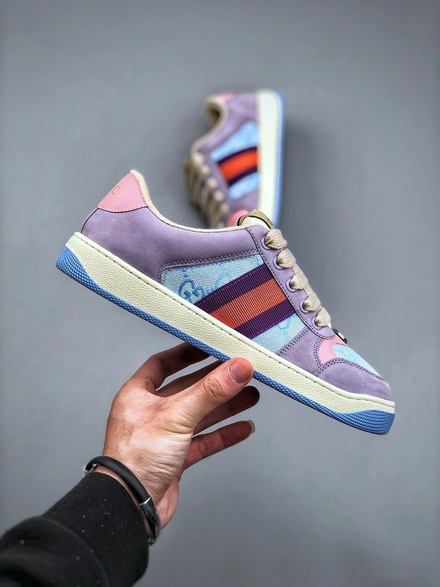 Gucci Distressed Screener Purple Pink Sneaker Blue Red - Gallery Image 4 - Detailed View