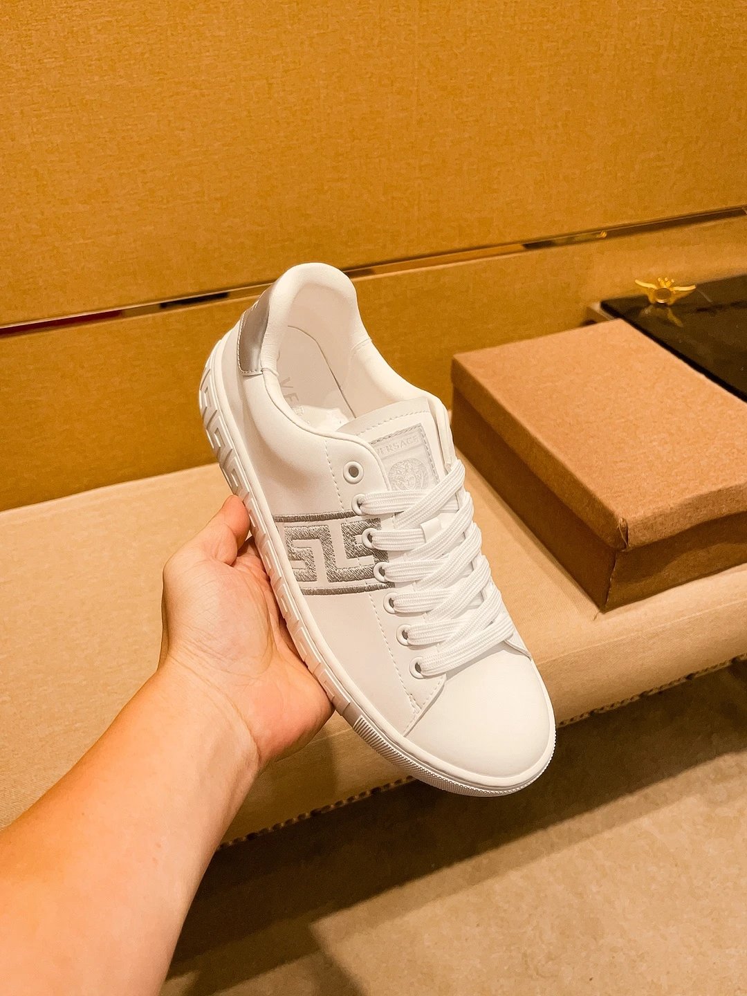 Luxury Leather Sneakers Greek Pattern Snow White - Gallery Image 7 - Detailed View